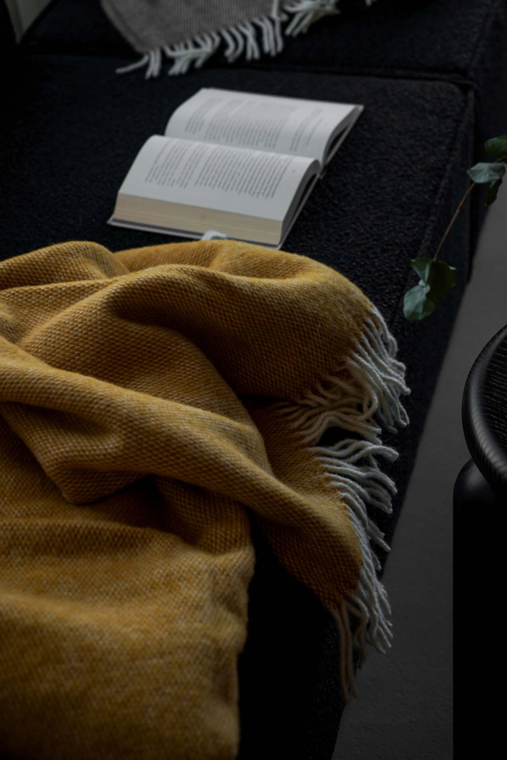 TAMO Meri Blanket Throw: A cozy, luxuriously textured golden yellow and cream blanket with fringed edges, draped on a dark sofa next to an open book. Perfect for cozy evenings.