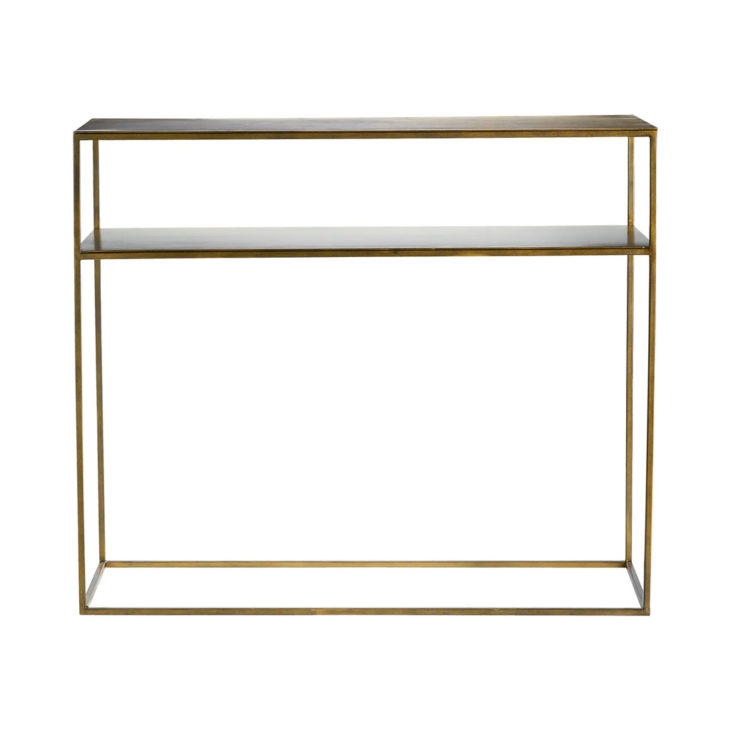 Tine K Metal Console Table, a sleek modern minimalist console table crafted from antiqued brass metal. It features a clean-lined rectangular frame with two open shelves, offering ample display space for decor. Perfect as an entryway console, hallway table, or contemporary display shelf in industrial chic or Scandinavian interiors.