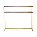 Modern Metal Console Table with Glass Top and Brushed Nickel Base