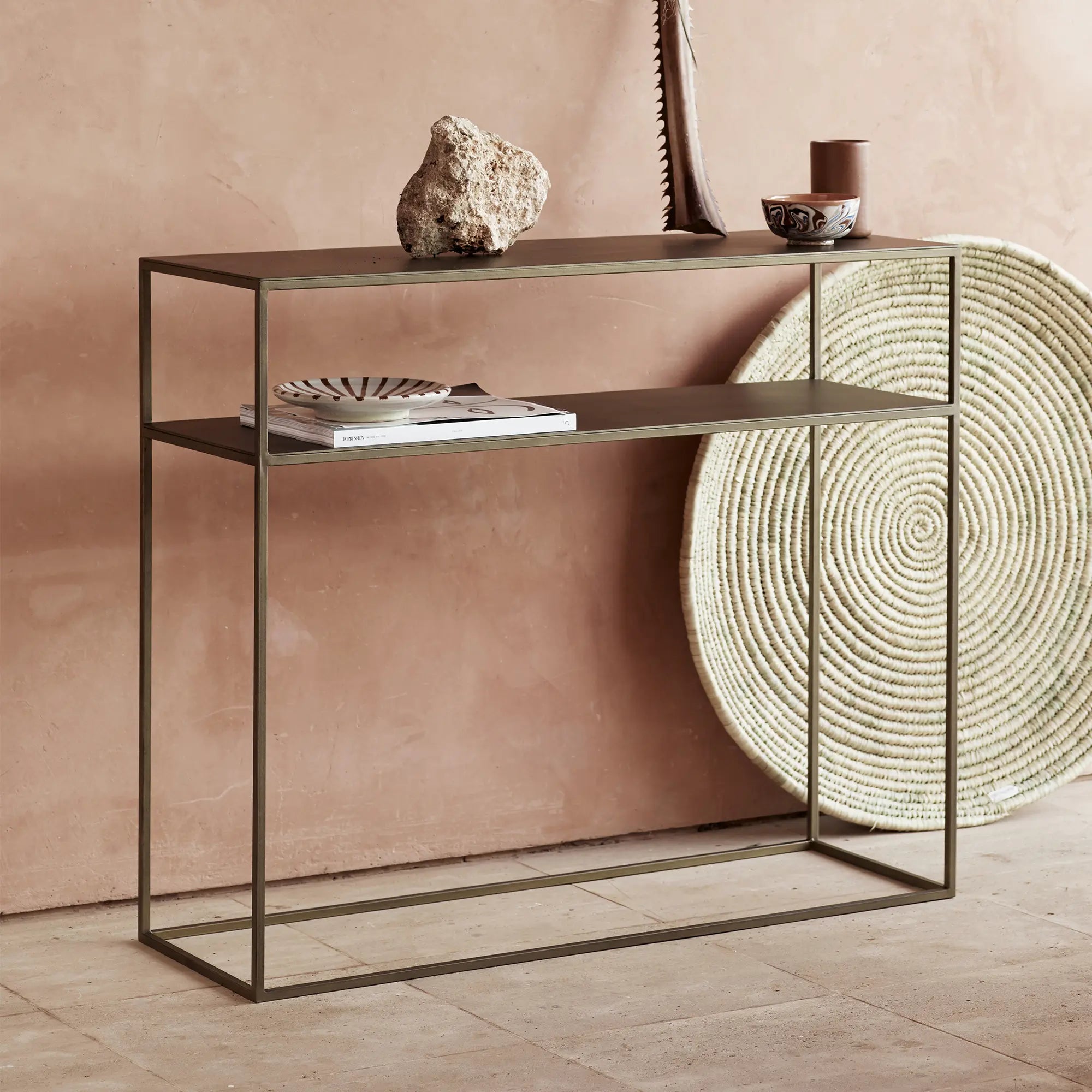 Narrow Metal Console Table with X-Shaped Legs and Wood Top