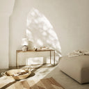 Rustic Metal Low Console Table with Distressed Finish and Open Shelving