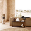 Modern Metal Low Console Table with Gold Accents and Glass Top