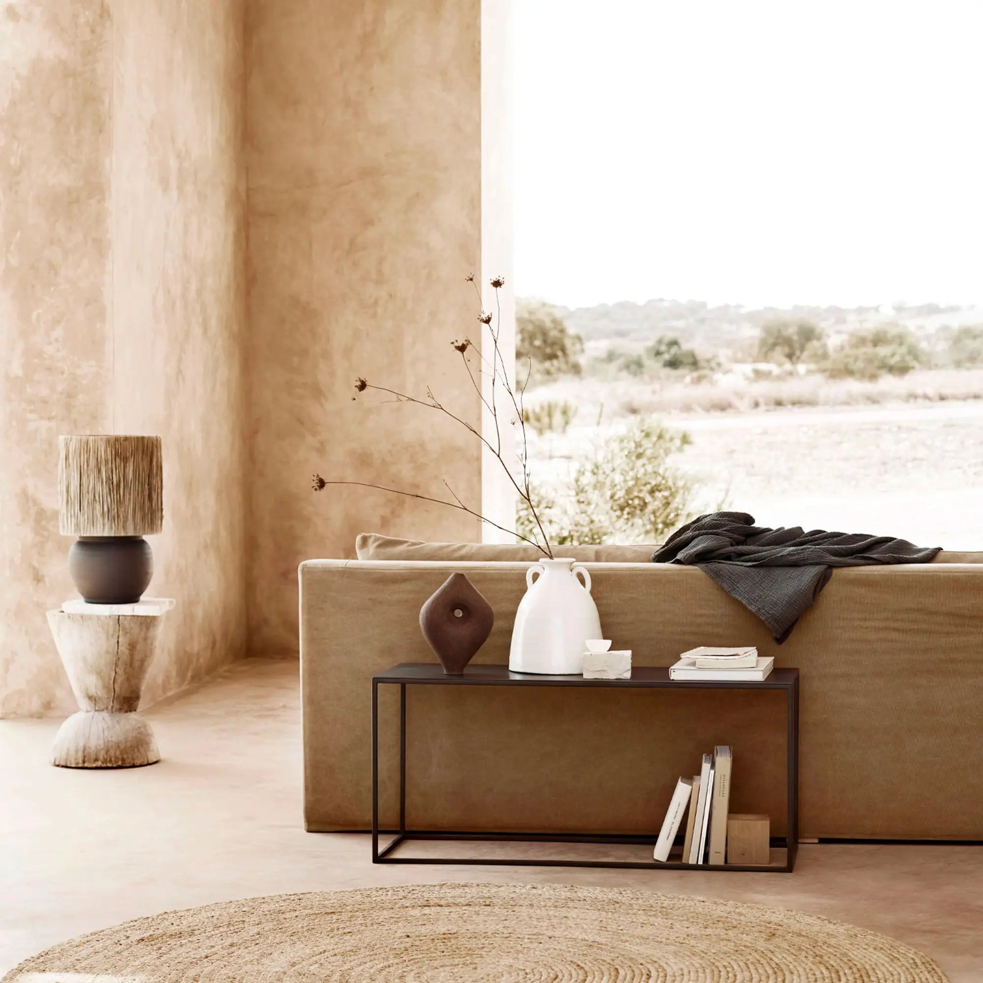 Modern Metal Low Console Table with Gold Accents and Glass Top