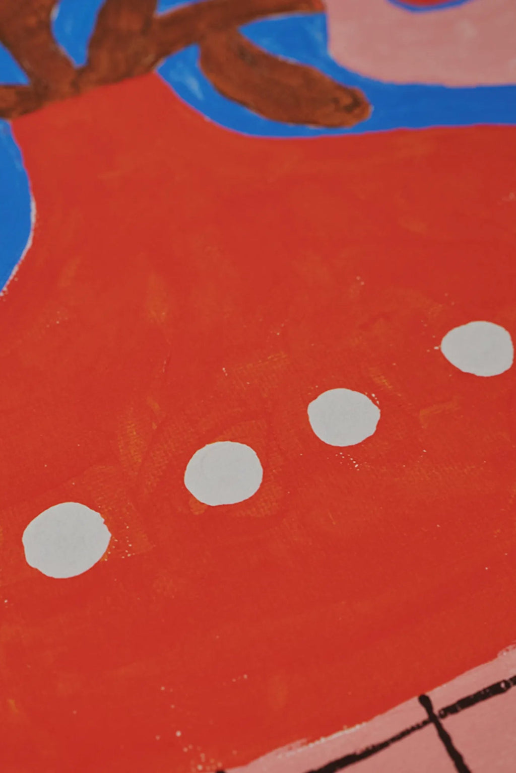 The Poster Club Flowers In a Pearl Vase, a vibrant abstract art print featuring a large organic red-orange shape with brown, branch-like forms and a bright blue background, accented with white circular dots.
