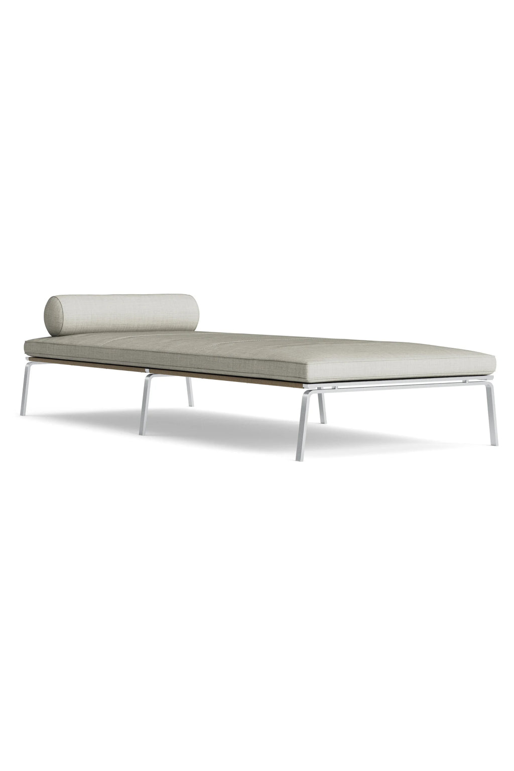 NORR11 Man Daybed, a modern minimalist daybed featuring a slim, rectangular cushion and a cylindrical bolster pillow upholstered in a light gray textured fabric. This contemporary lounge piece boasts a clean-lined white metal frame and a subtle light wood base, offering sleek Scandinavian design. Ideal for a minimalist living room, modern bedroom, or stylish entryway.
