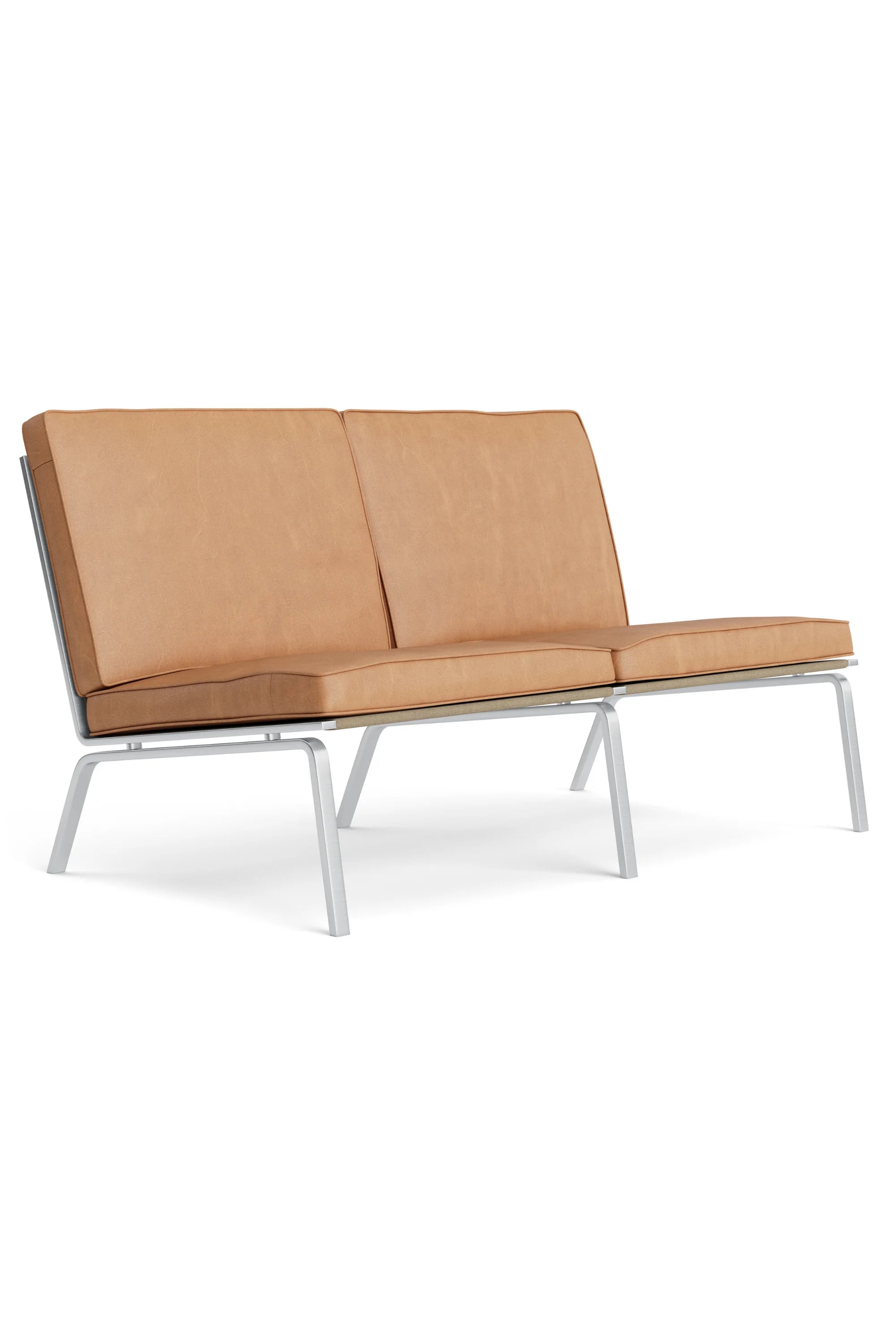 Modern two-seater sofa with tan leather seats and white metal frame on a white background