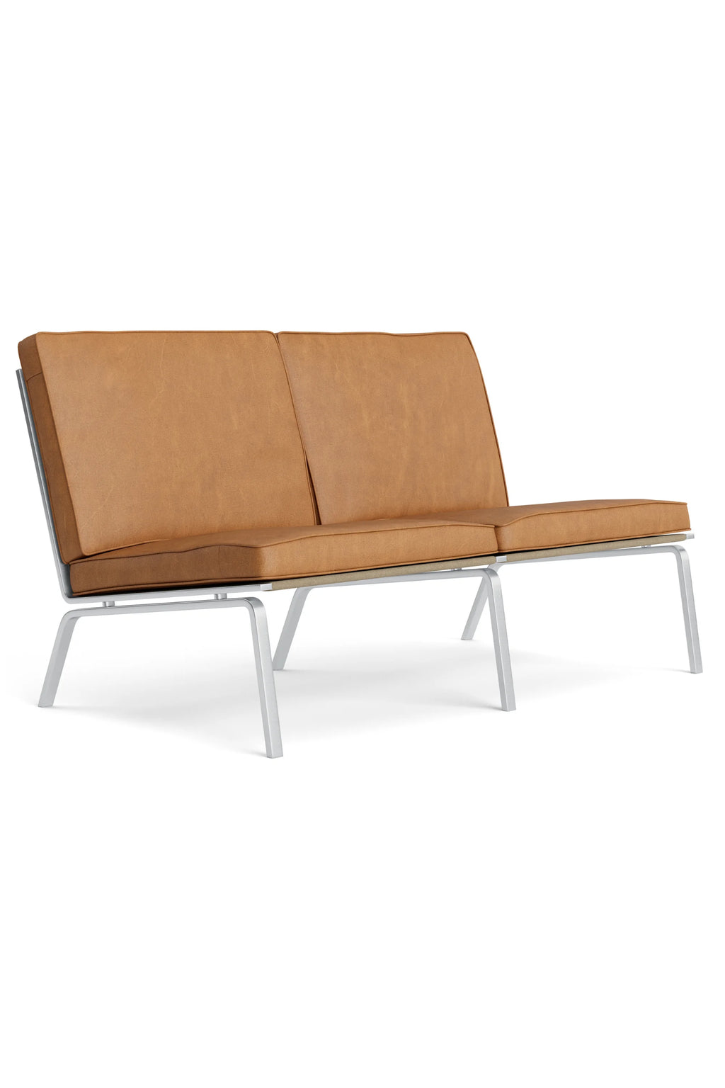 NORR11 Man 2 Seater Sofa, a modern minimalist lounge sofa featuring rich tan leather upholstery on plush, rectangular cushions, supported by a sleek brushed metal frame with a subtle fabric sling. This industrial chic 2-seater sofa with clean lines is ideal for contemporary living rooms, office lounges, or sophisticated entryway seating.
