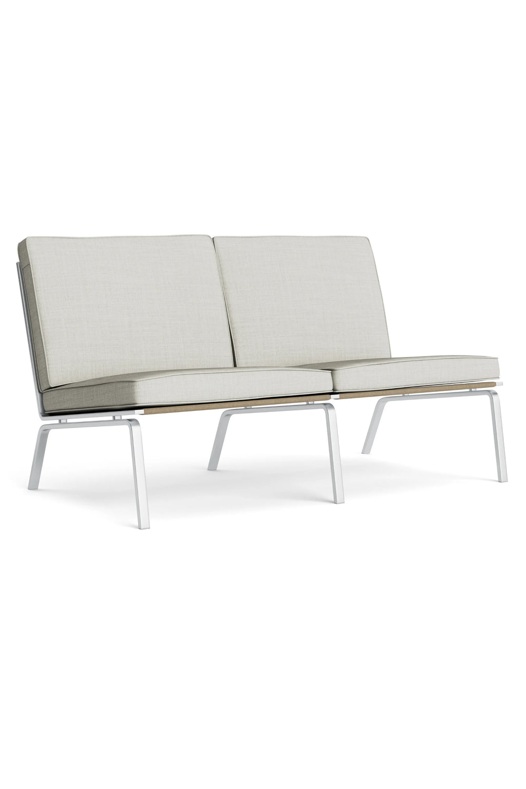NORR11 Man 2 Seater Sofa, a modern minimalist 2-seater sofa featuring light grey textured fabric upholstery, a sleek white metal frame, and a natural light wood detail beneath the cushions. This contemporary compact sofa offers clean Scandinavian lines and a low-profile design, perfect for small apartment living rooms, modern offices, or minimalist lounge areas.