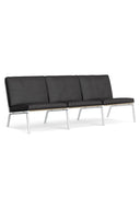 Black three-seater sofa with metal legs on a white background