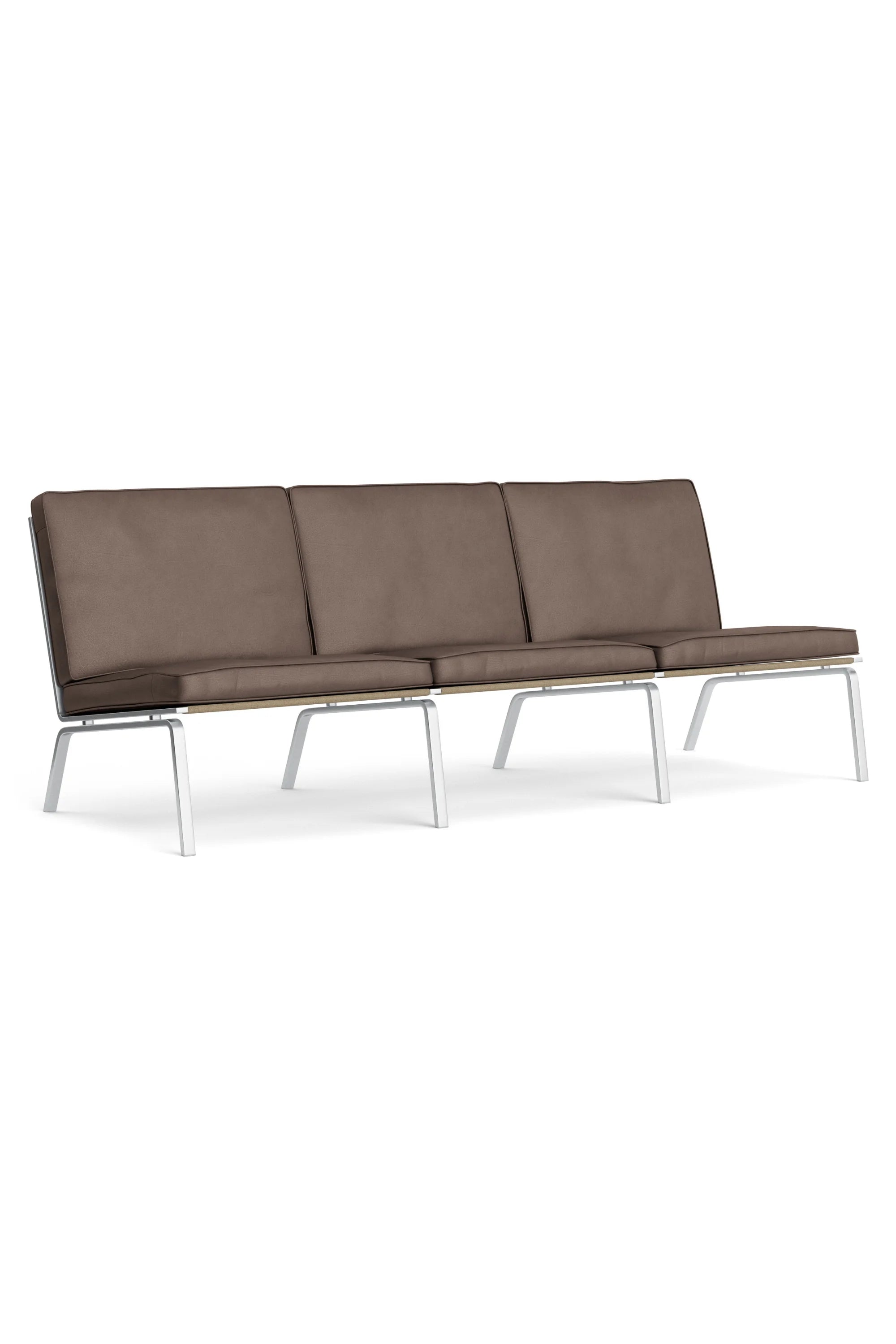 Brown three-seater sofa with metal legs on a white background