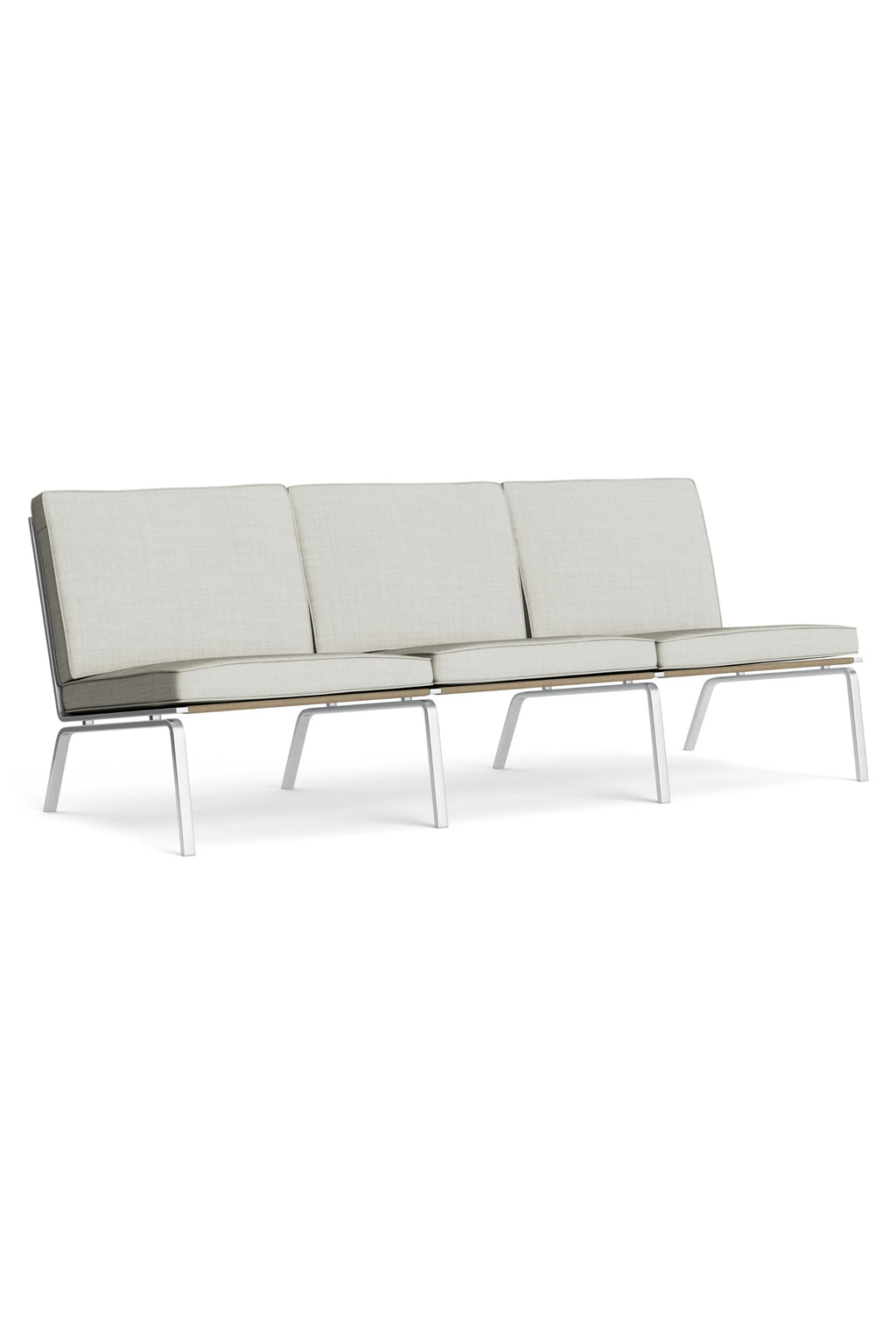 NORR11 Man 3 Seater Sofa, a modern minimalist 3 seater sofa featuring light grey textured fabric upholstery across three individual cushions, supported by a sleek light grey metal frame.