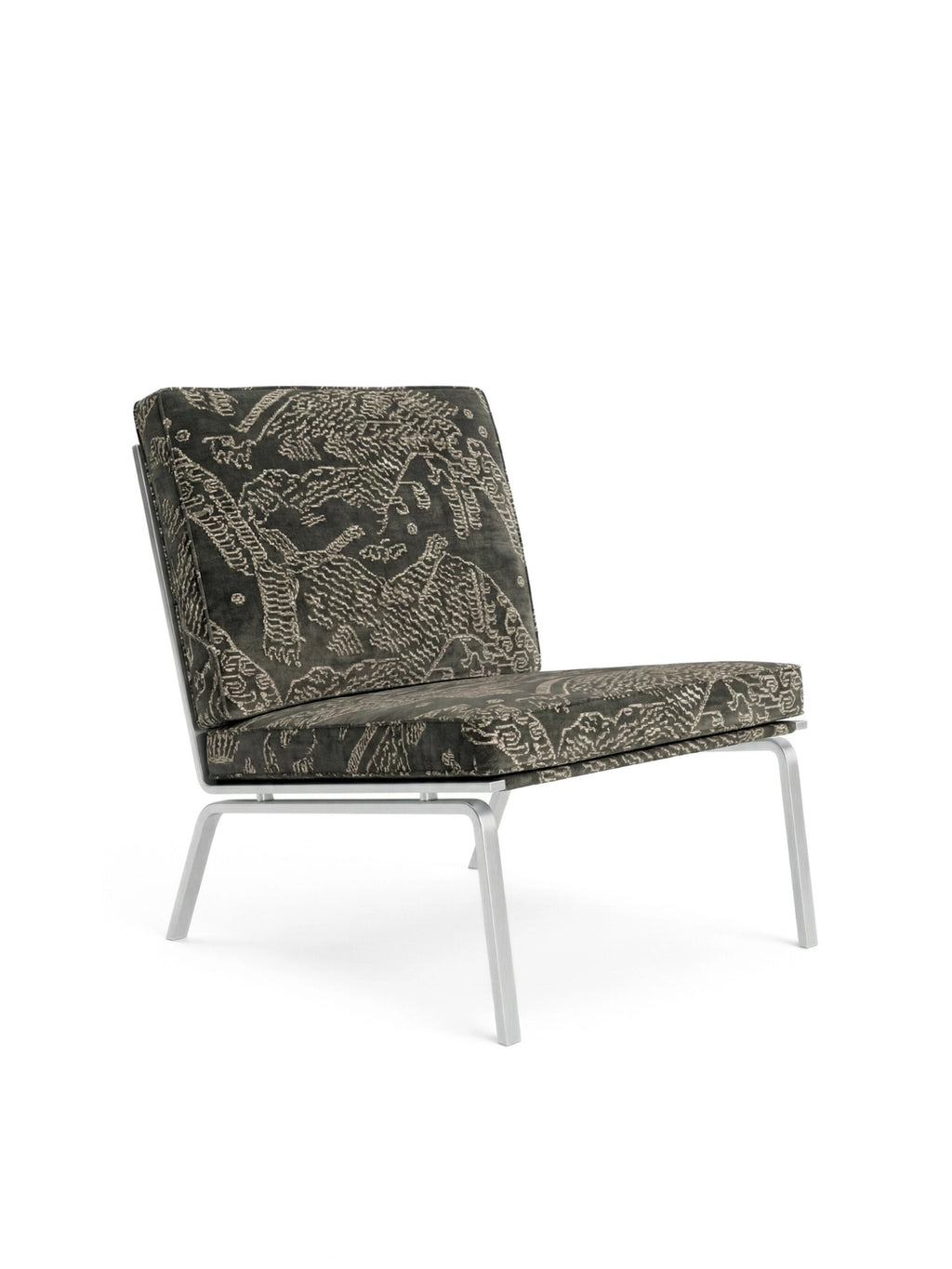 NORR11 Man Lounge Chair, a sophisticated low-profile lounge chair with a sleek silver metal frame. Upholstered in a dark, richly patterned Dedar fabric, featuring intricate, organic motifs, displayed on a clean white background.