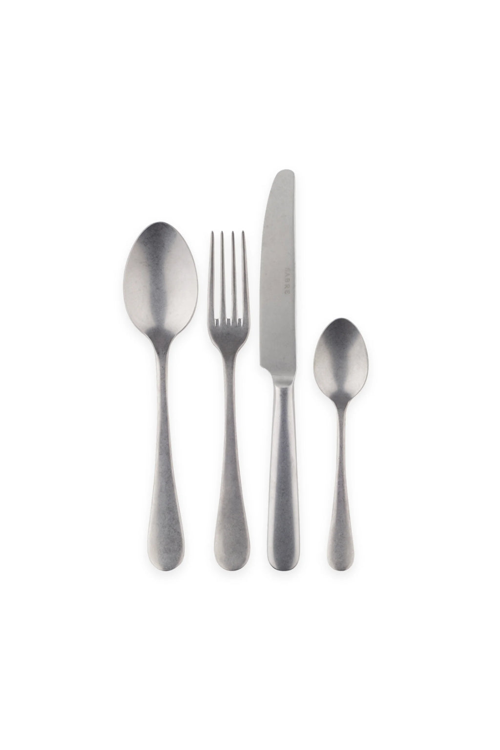 Sabre Paris Marius 4-Piece Cutlery Flatware Set, featuring durable stainless steel with a distressed, antique pewter finish. This vintage-inspired flatware is perfect for adding rustic elegance to everyday meals or special occasions for design-conscious hosts.