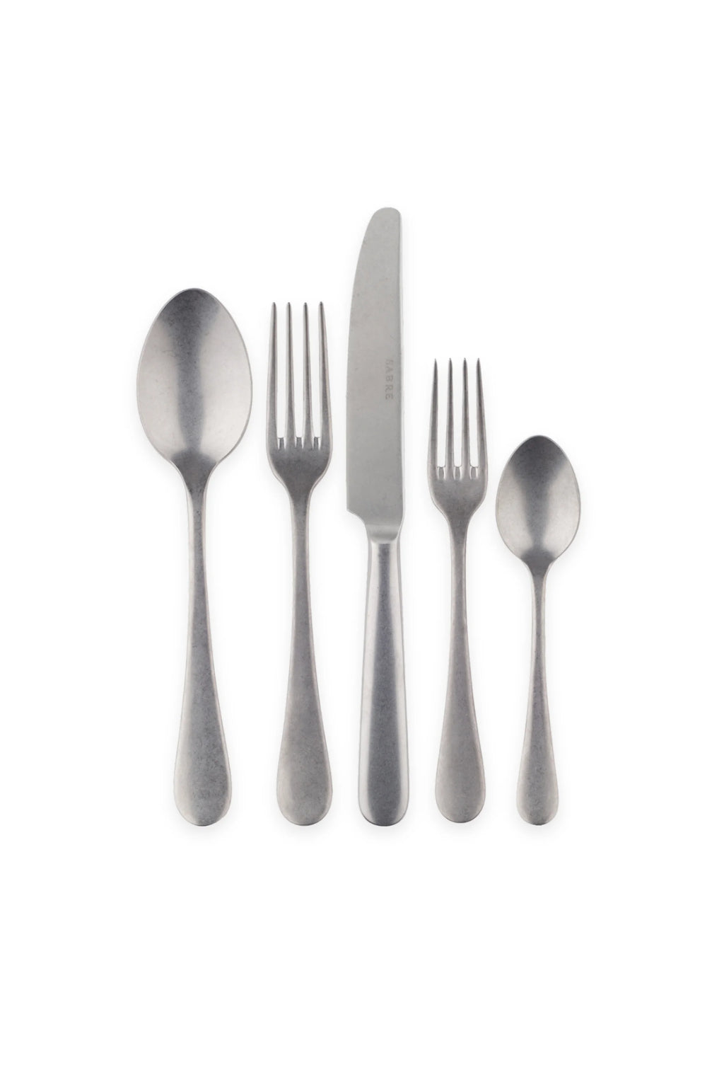 Sabre Paris Marius 5-Piece Cutlery Flatware Set, featuring durable stainless steel with a matte, brushed antique silver finish and sleek, minimalist handles. This stylish utensil set is perfect for enhancing everyday dining or special occasions for contemporary home entertainers.