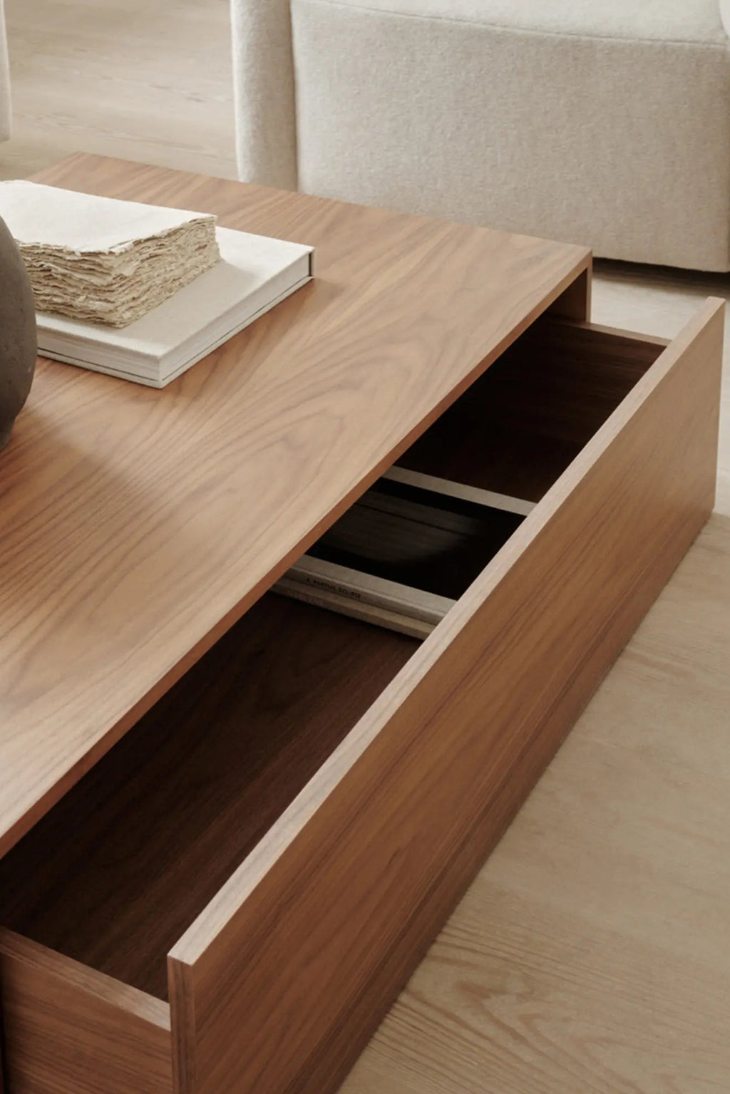 Contemporary coffee table with sleek lines and convenient storage drawer