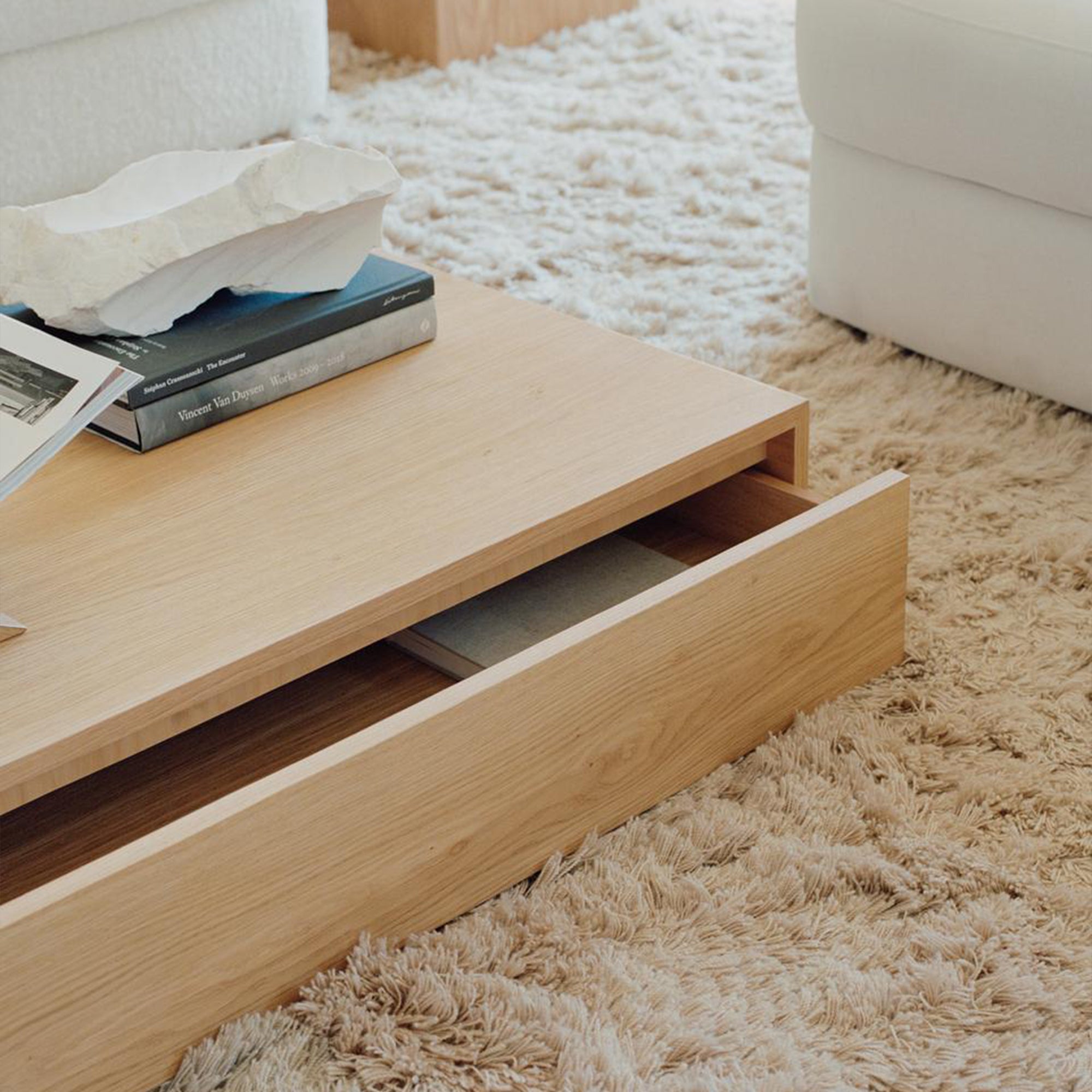  Solid wood coffee table with smooth gliding drawer for easy access 