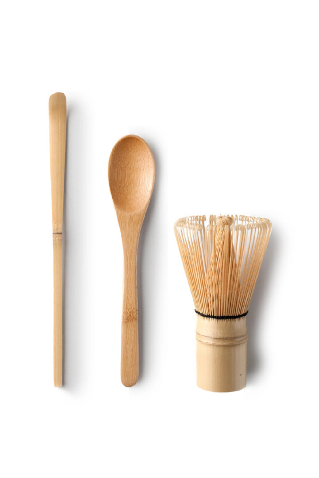 Ibili Matcha Set, a traditional Japanese tea ceremony kit crafted from natural light bamboo, featuring a chasen whisk with delicate tines, a curved chashaku scoop, and a small bamboo spoon. This essential matcha preparation tool set is ideal for whisking and serving matcha tea in a minimalist kitchen or home tea bar.