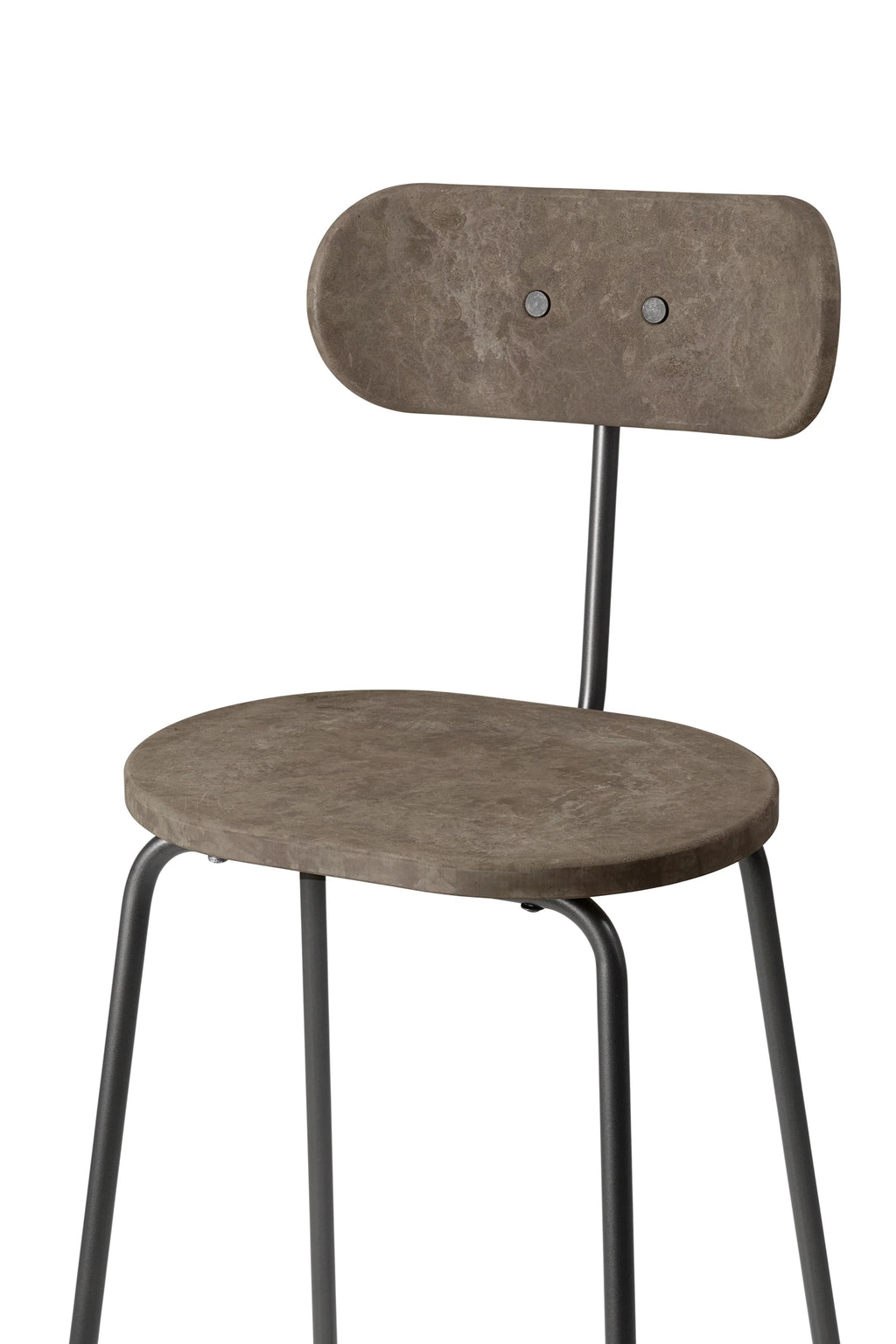 Mater Earth Counter Chair, a detailed view highlighting the unique dark brown coffee waste composite material of the seat and backrest, showcasing its natural texture, against a white background.
