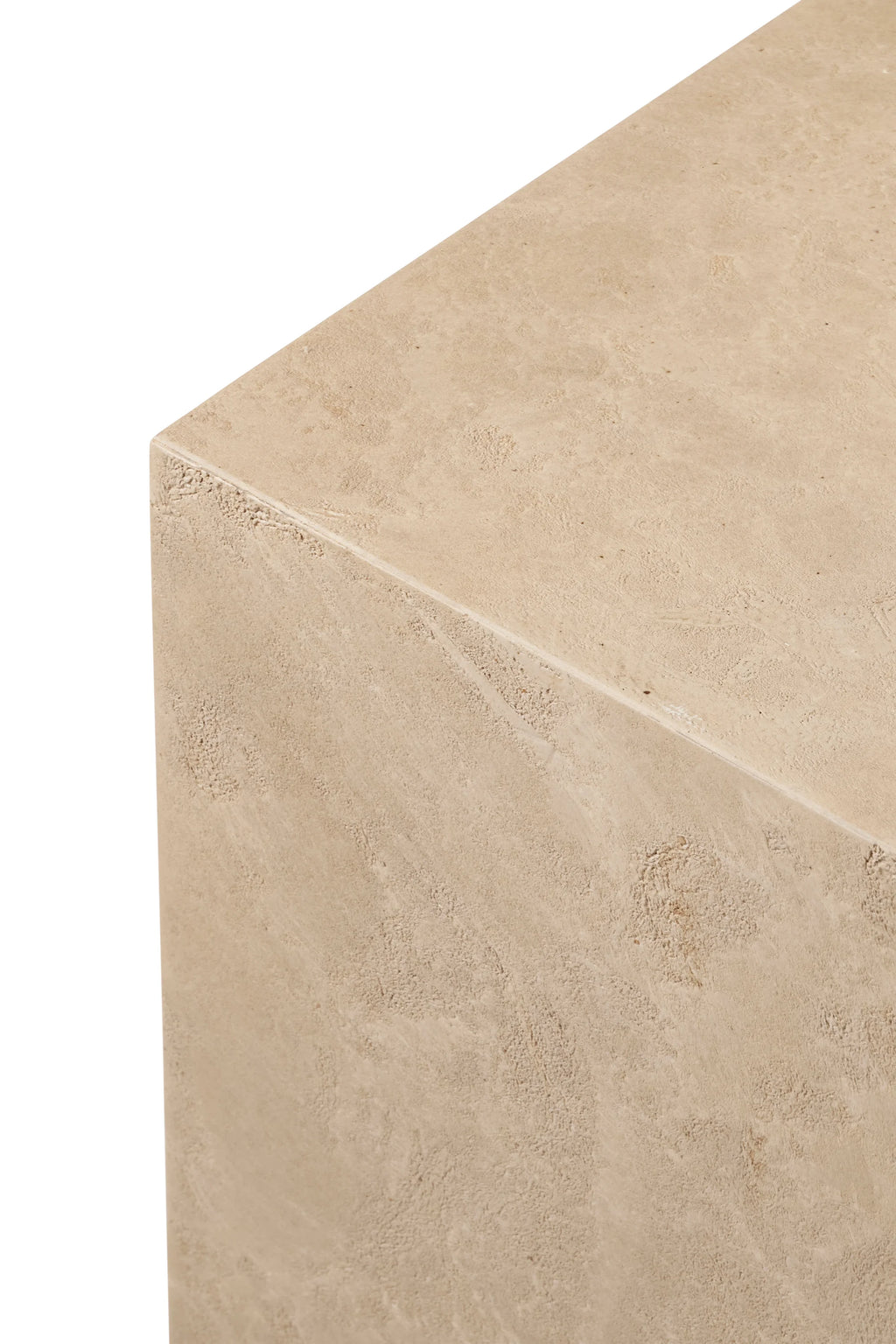 Mater Cube, a close-up detail of the light beige cube, highlighting its unique, subtly textured surface and natural stone-like pattern, presented on a clean white background.
