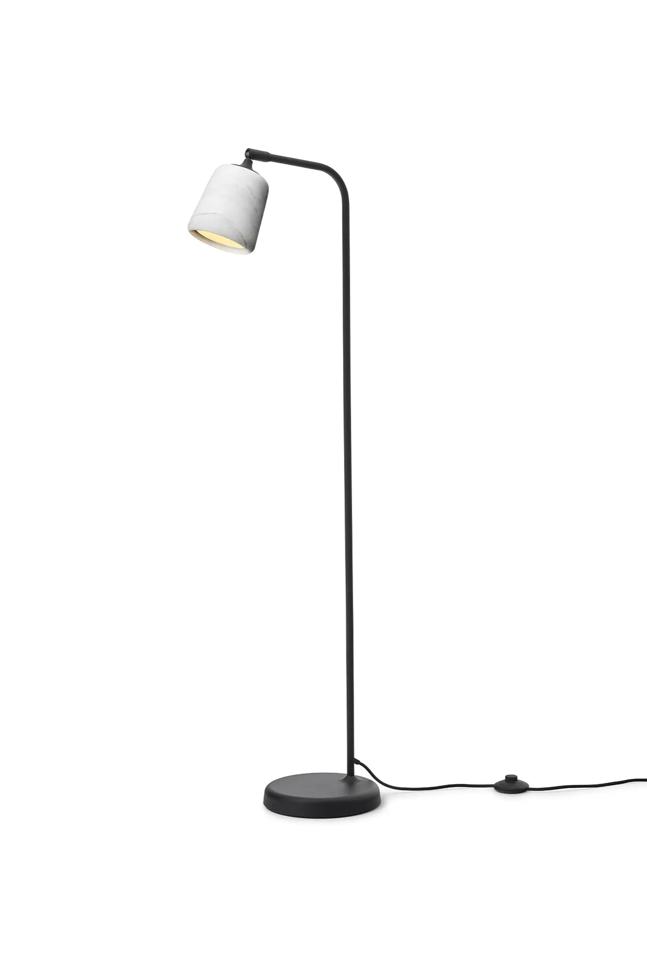 Modern black metal floor lamp with adjustable arm and white shade