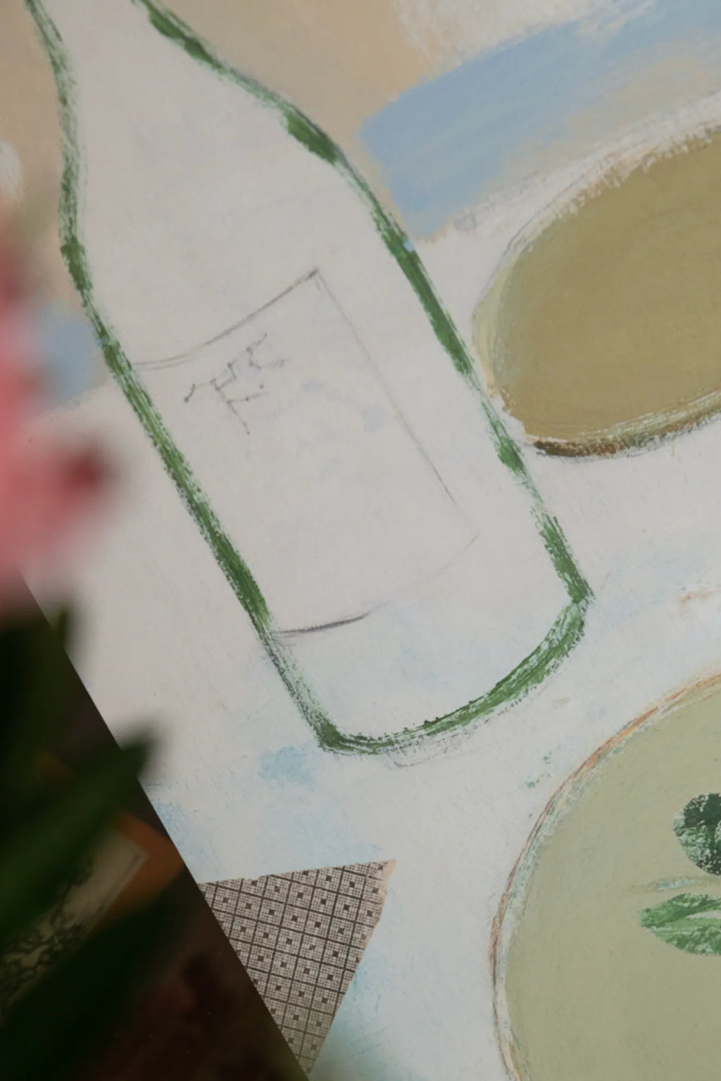 The Poster Club Fleurs Jaunes, a modern abstract still life art print featuring a subtly outlined green wine bottle, muted olive and beige circular shapes resembling plates or fruit, and a soft blue accent.