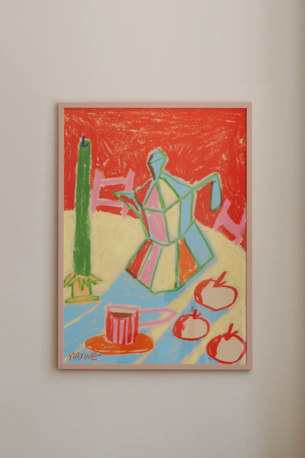 The Poster Club Bialetti and Clementines, a vibrant naive art print featuring a colorful still life with a multi-toned Bialetti coffee maker, a tall green candle, a pink coffee cup, and red clementines, all rendered in a playful crayon-like texture against a bold red background and a yellow and.