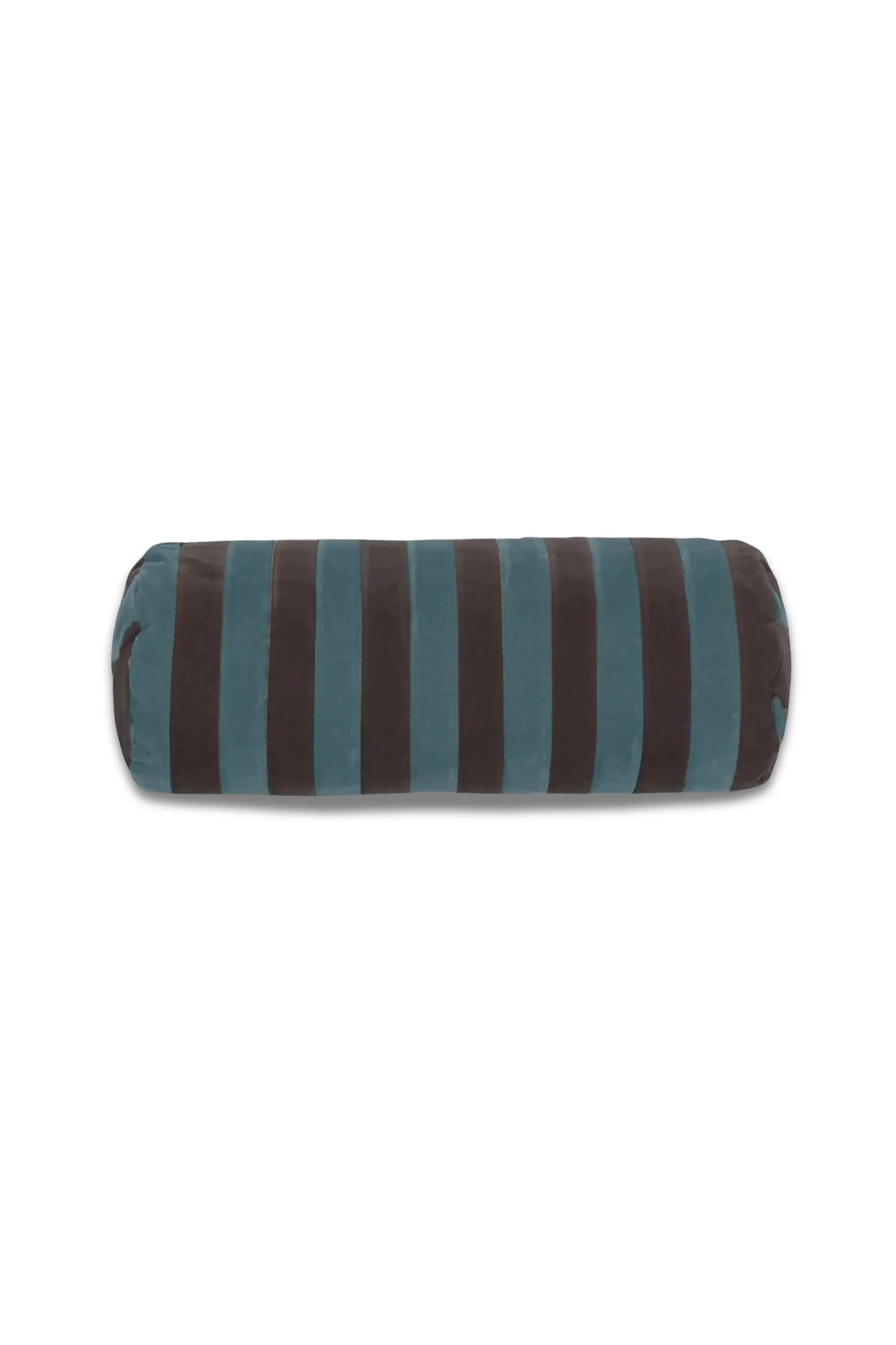 Christina Lundsteen Stripe Bolster Throw Pillow, a luxurious velvet bolster pillow featuring bold vertical stripes in rich espresso brown and deep teal. This contemporary decorative cushion offers a plush texture and cylindrical shape, perfect as an accent pillow for a bed or stylish sofa in a modern living room.