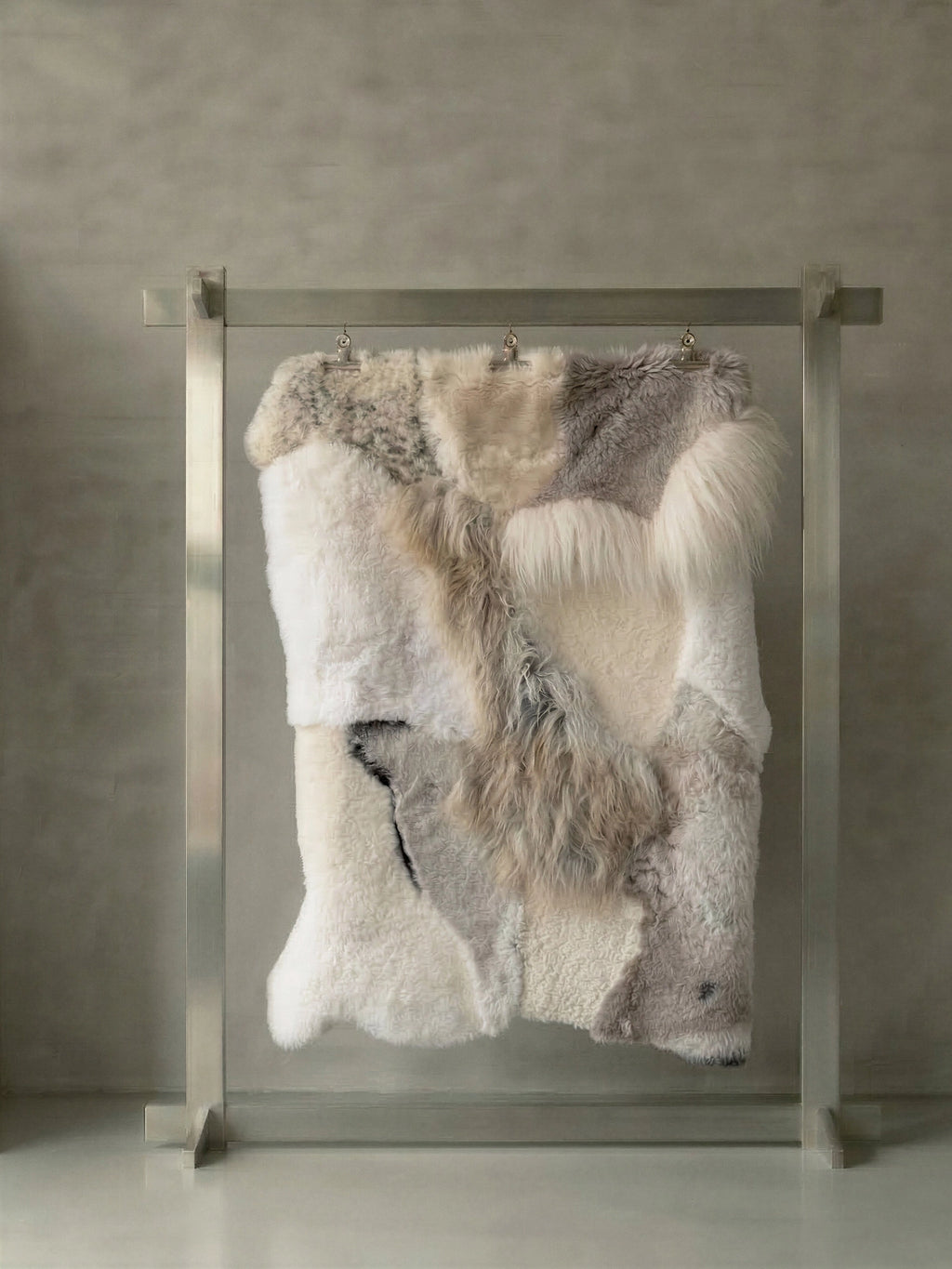TCL Studios Melange Sheepskin Patchwork Rug, a luxurious and cozy natural sheepskin rug featuring a rich blend of cream, white, light grey, and beige fur patches with varied textures from shaggy long-pile to soft curly.