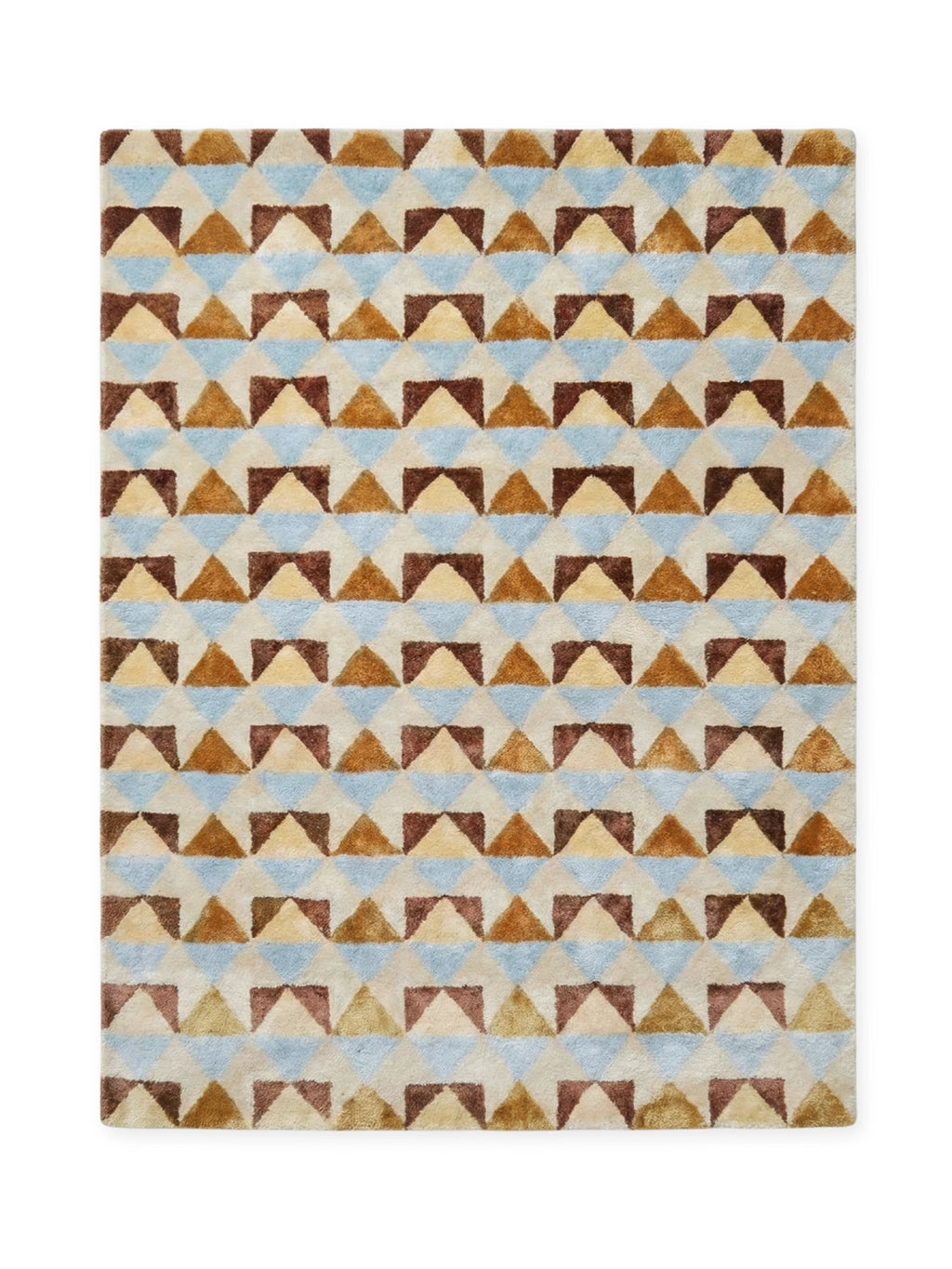 Tinted Objects Mellin Viscose Rug, featuring a repeating geometric pattern of triangles in warm brown, light blue, and beige hues on a textured cream background. This modern and stylish area rug is perfect for adding a touch of contemporary design to any living room or bedroom.