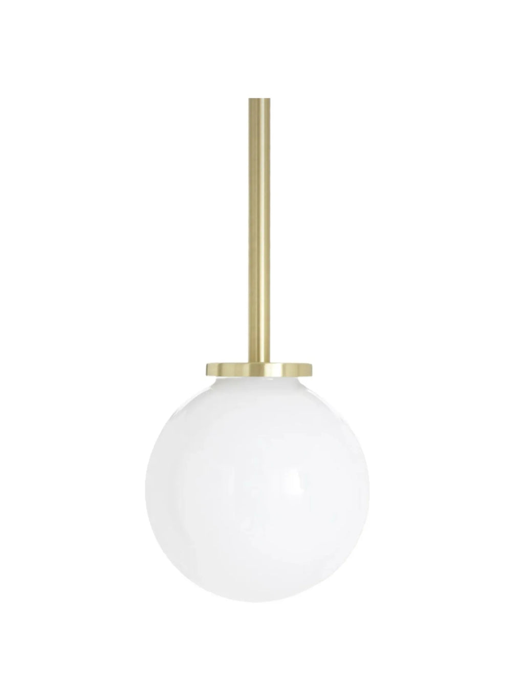 CTO Lighting Mezzo Pendant Lamp, a modern minimalist ceiling light featuring a perfectly spherical opal glass shade for soft diffused illumination. It's elegantly suspended from a slender, brushed brass rod and cap, offering a sophisticated gold and white aesthetic. This contemporary pendant lamp is ideal for dining room lighting, kitchen island pendants, or as a striking accent in modern living rooms.