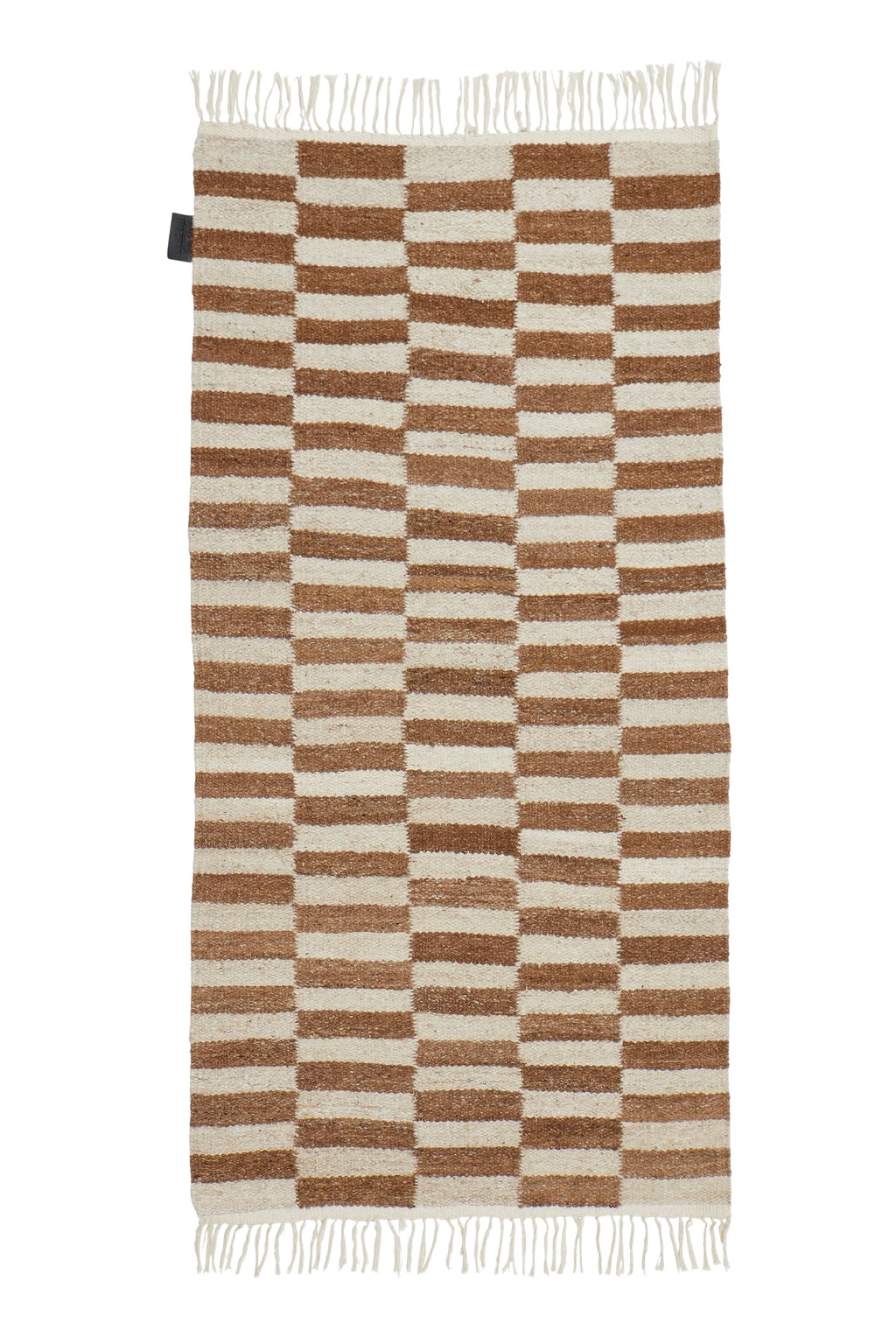Sera Helsinki Abeba Rug, a hand-woven wool area rug featuring a modern geometric striped block pattern in natural cream and warm brown tones with a chunky, textured weave and fringed ends. This versatile natural fiber rug is ideal for adding a cozy, minimalist touch to Scandinavian living rooms, Japandi bedrooms, or organic modern spaces.