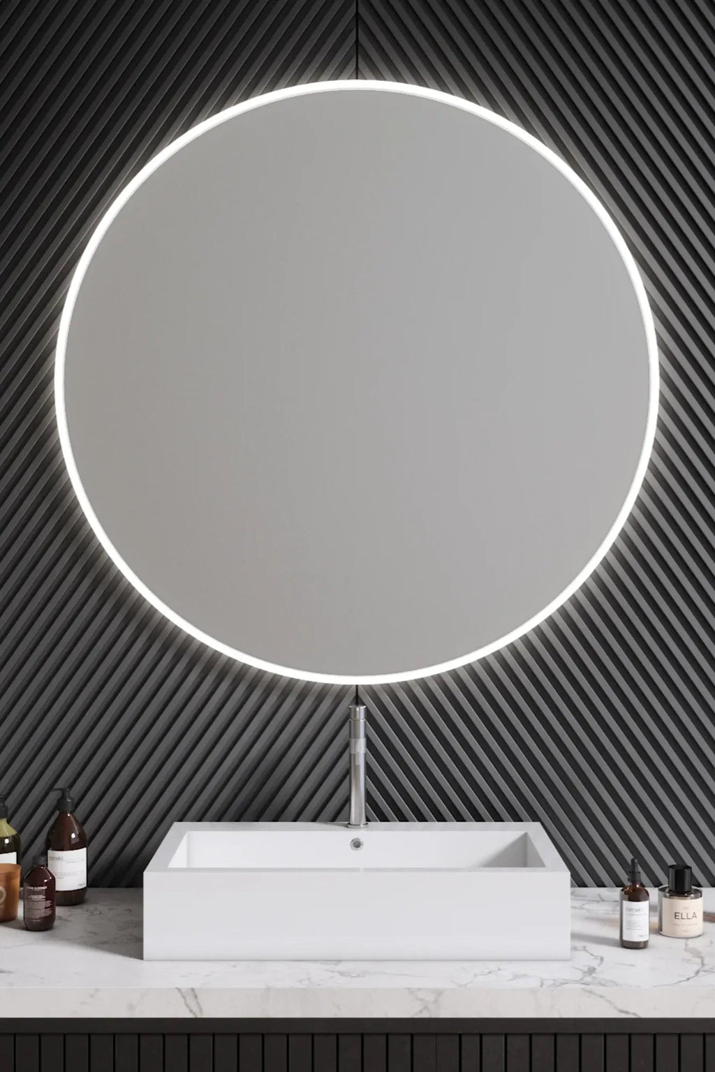 Circular mirror with built-in lights for a stylish bedroom decor