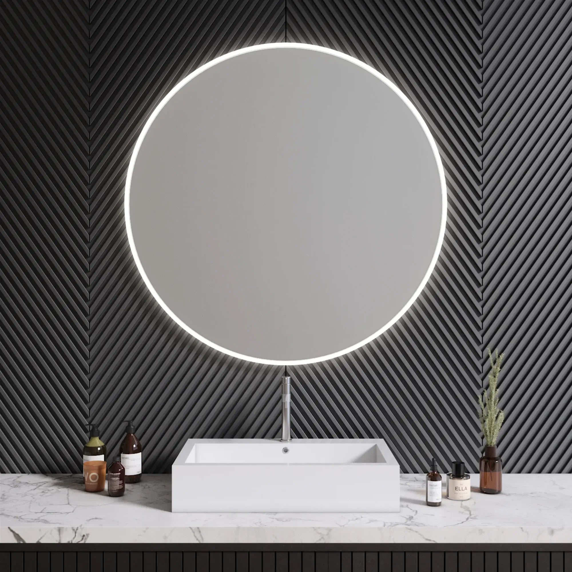 Circular mirror with built-in lights for a stylish bedroom decor