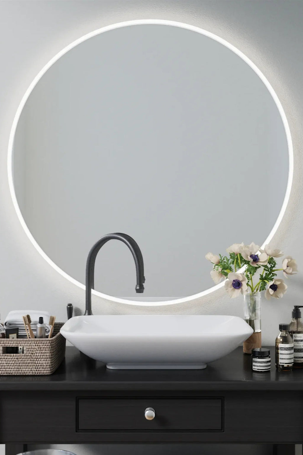 Round Mirror with Lights, perfect for makeup application and grooming