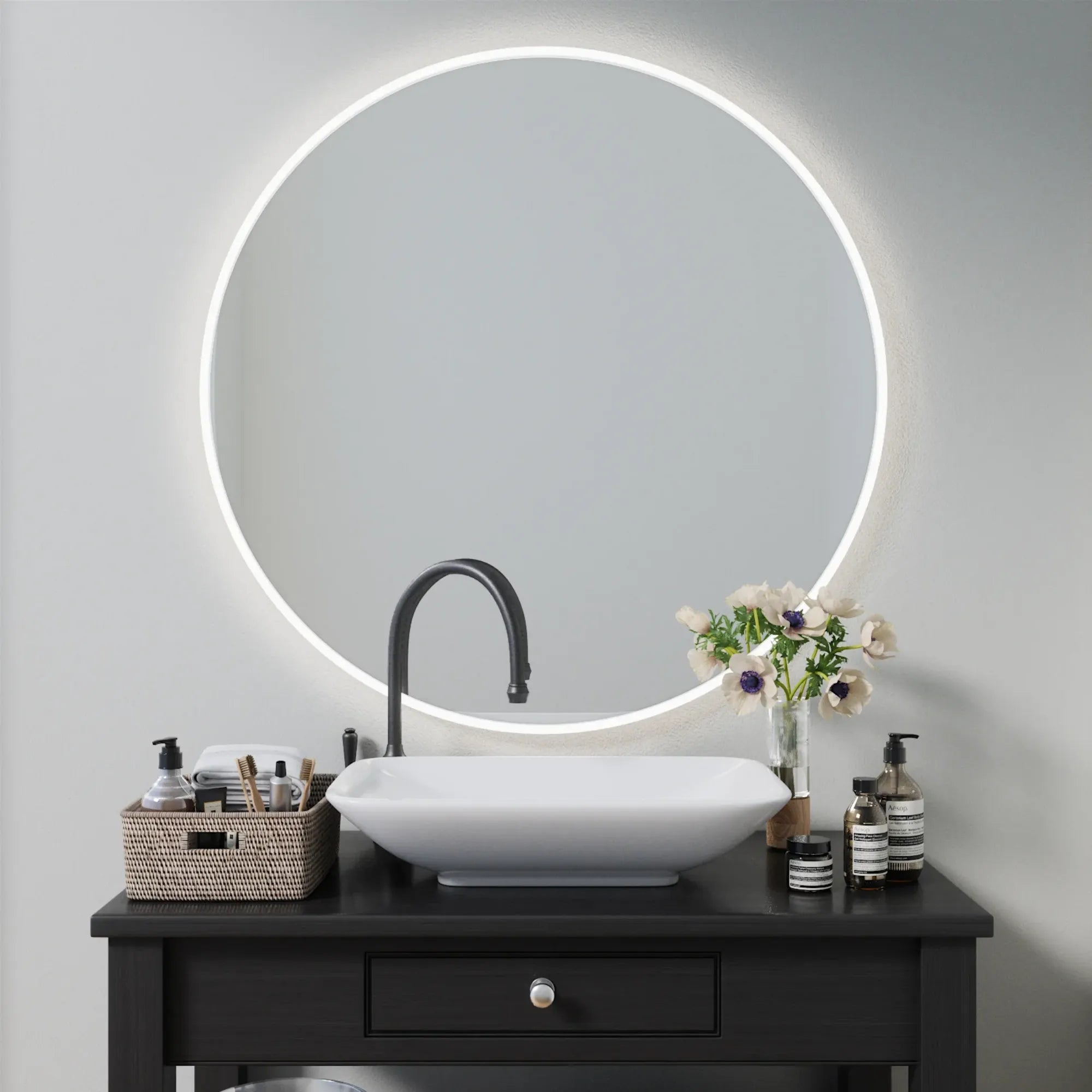 Round Mirror with Lights, perfect for makeup application and grooming