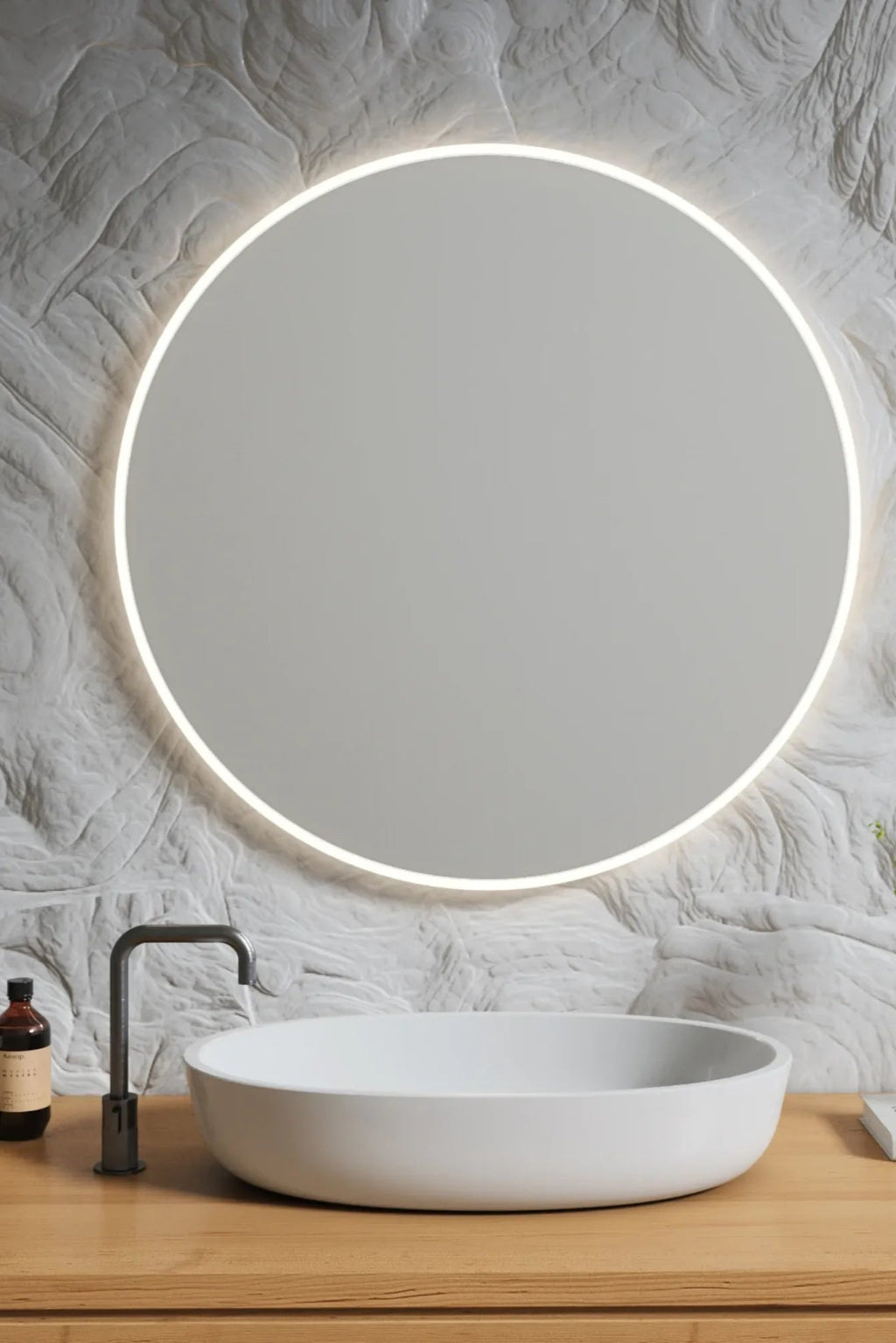 Modern round mirror with LED lights for bathroom or vanity