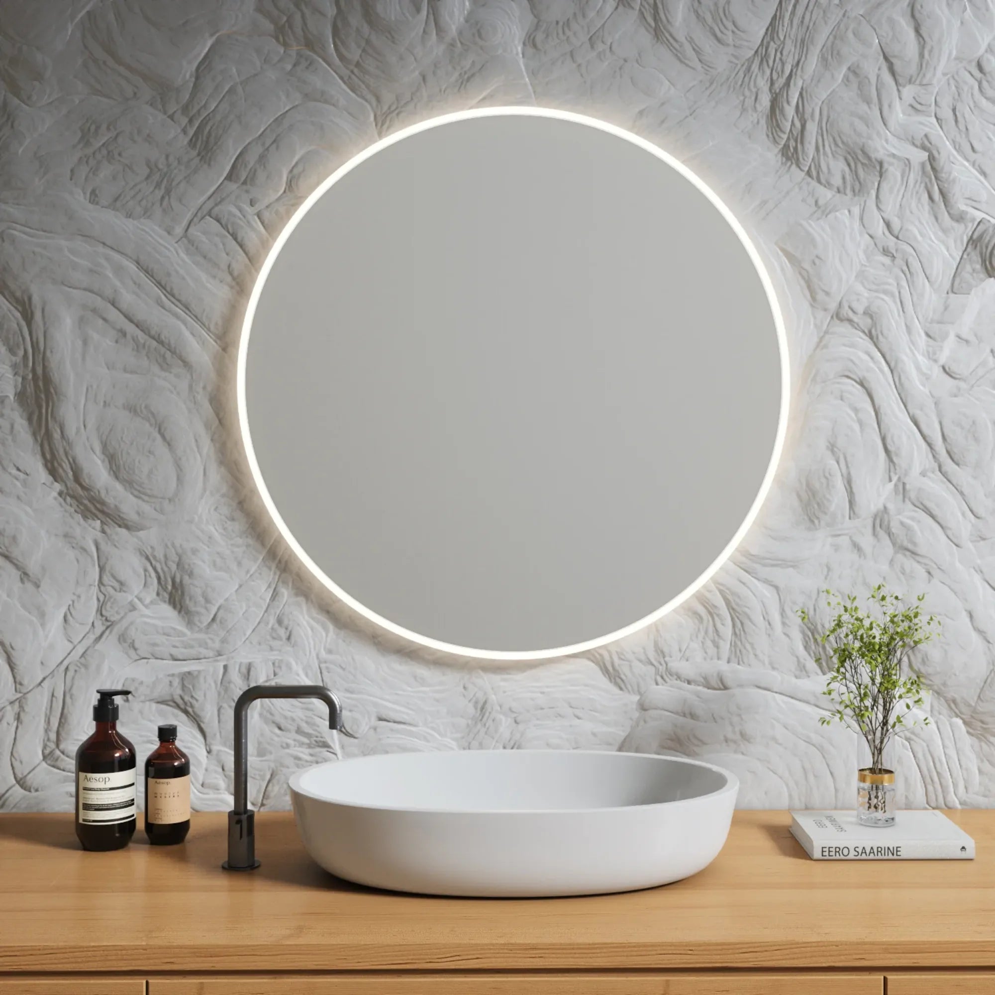 Modern round mirror with LED lights for bathroom or vanity