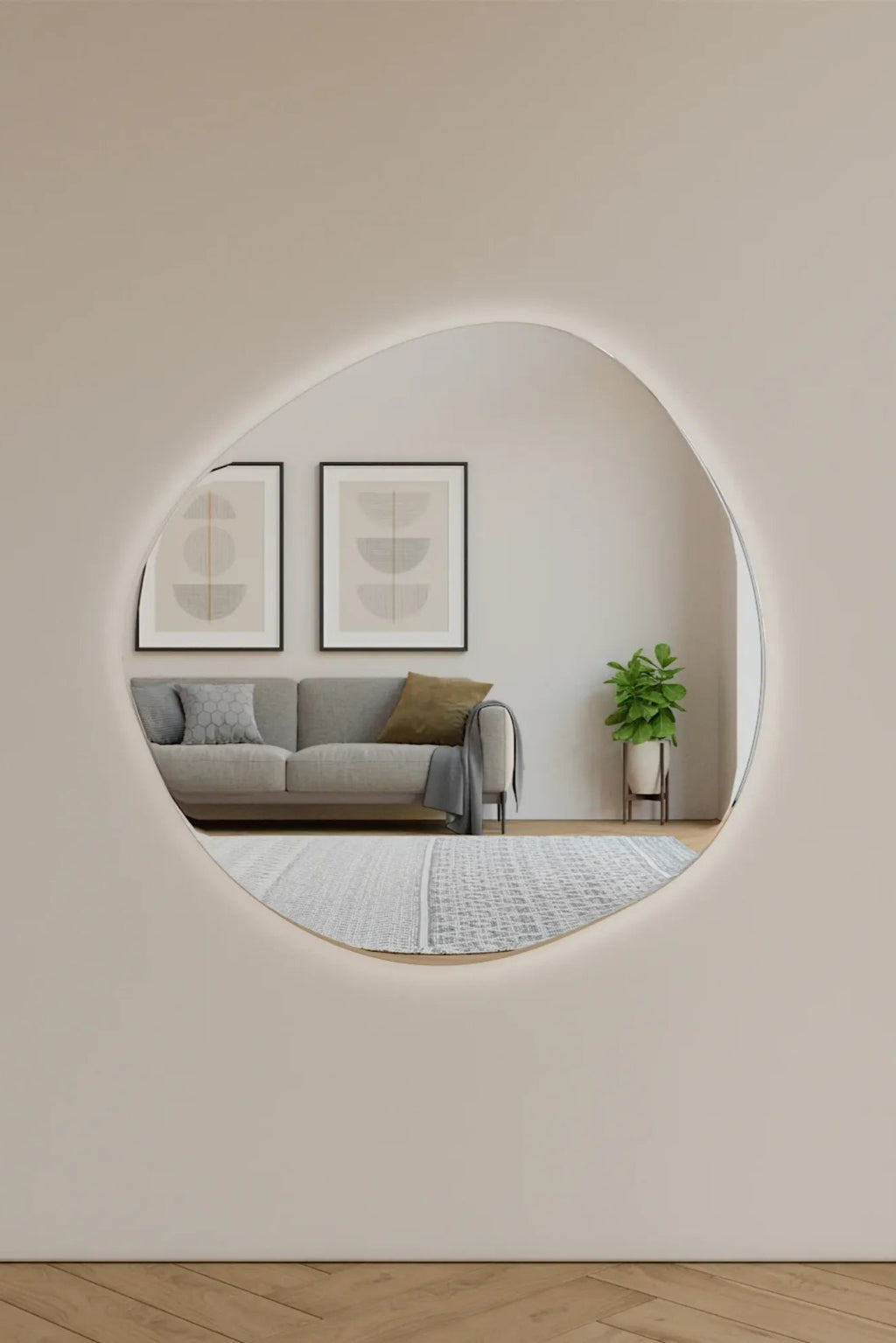 Round Pebble Mirror with Lights in contemporary bedroom decor