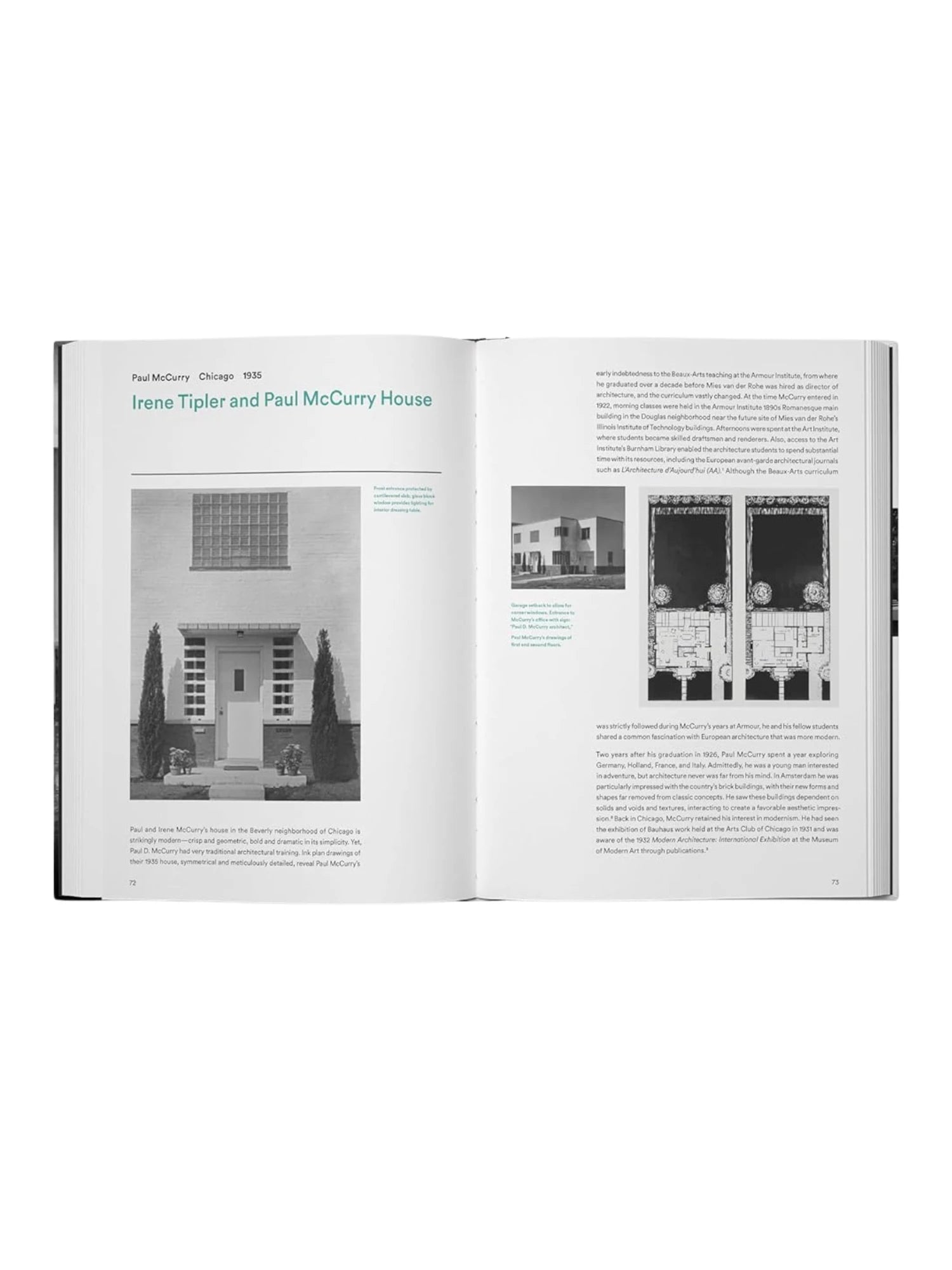 Book Modern in the Middle, an academic architectural history book open to pages 72 and 73, displaying black and white images of the Irene Tipler and Paul McCurry House from 1935, including a striking exterior photograph and detailed ink plan drawings. This essential architecture book is perfect for students, historians, and enthusiasts of modern architectural design.