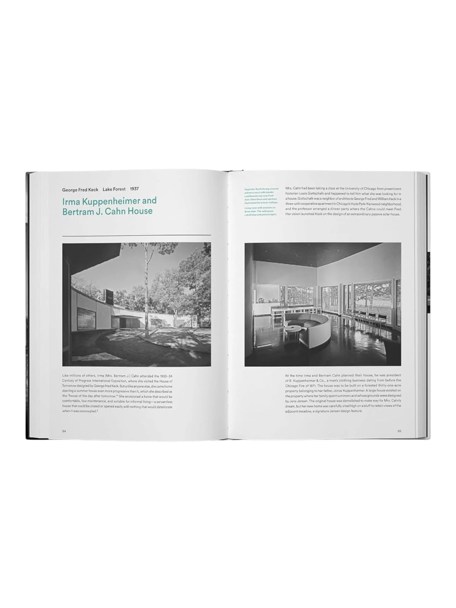 Book Modern in the Middle, an open architecture history book displaying black and white photos of the Irma Kuppenheimer and Bertram J. Cahn House, featuring a sleek, mid-century modern exterior and a spacious, curved interior living area. This captivating hardcover book is perfect for architecture enthusiasts, design students, and anyone interested in mid-century modern design.