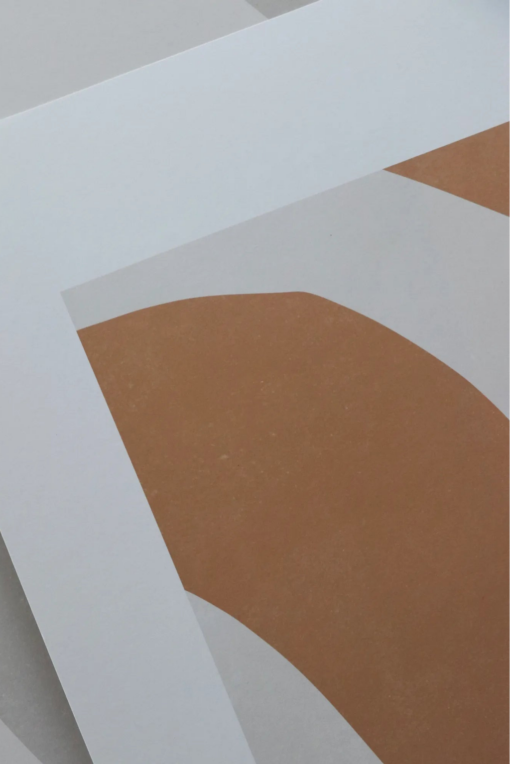 The Poster Club In Motion, an abstract art print showcasing warm terracotta organic shapes layered with crisp white and soft light grey geometric lines, creating a minimalist and contemporary design. This modern poster is perfect for adding a sophisticated, earthy touch to contemporary living rooms, bedrooms, or gallery walls.