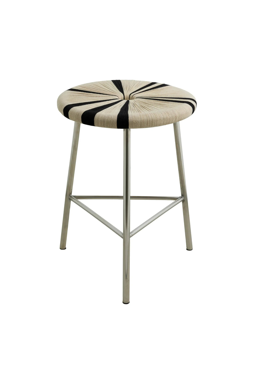 Nordal Morice Stool, a contemporary accent stool featuring a round seat meticulously hand-woven with natural cream-colored rope and bold black stripes radiating from the center, creating a striking graphic pattern. It stands on sleek, polished silver metal legs with a sturdy cross-brace design, offering a blend of modern industrial and bohemian style. This versatile stool provides chic extra seating for living rooms, bedrooms, or entryways.