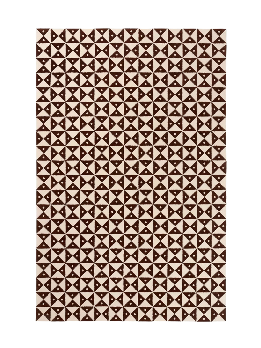 alp_ Mosaic Rug, a contemporary geometric area rug featuring a striking tessellated pattern of dark brown triangles and small cream dots on an off-white background.