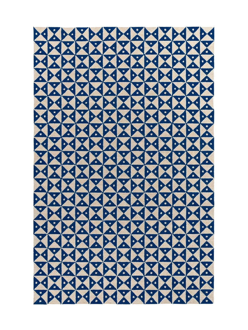 alp_ Mosaic Signature Rug, a contemporary geometric area rug featuring a dense, repeating pattern of navy blue triangles and natural beige squares with small white dot accents, creating a dynamic mosaic design.