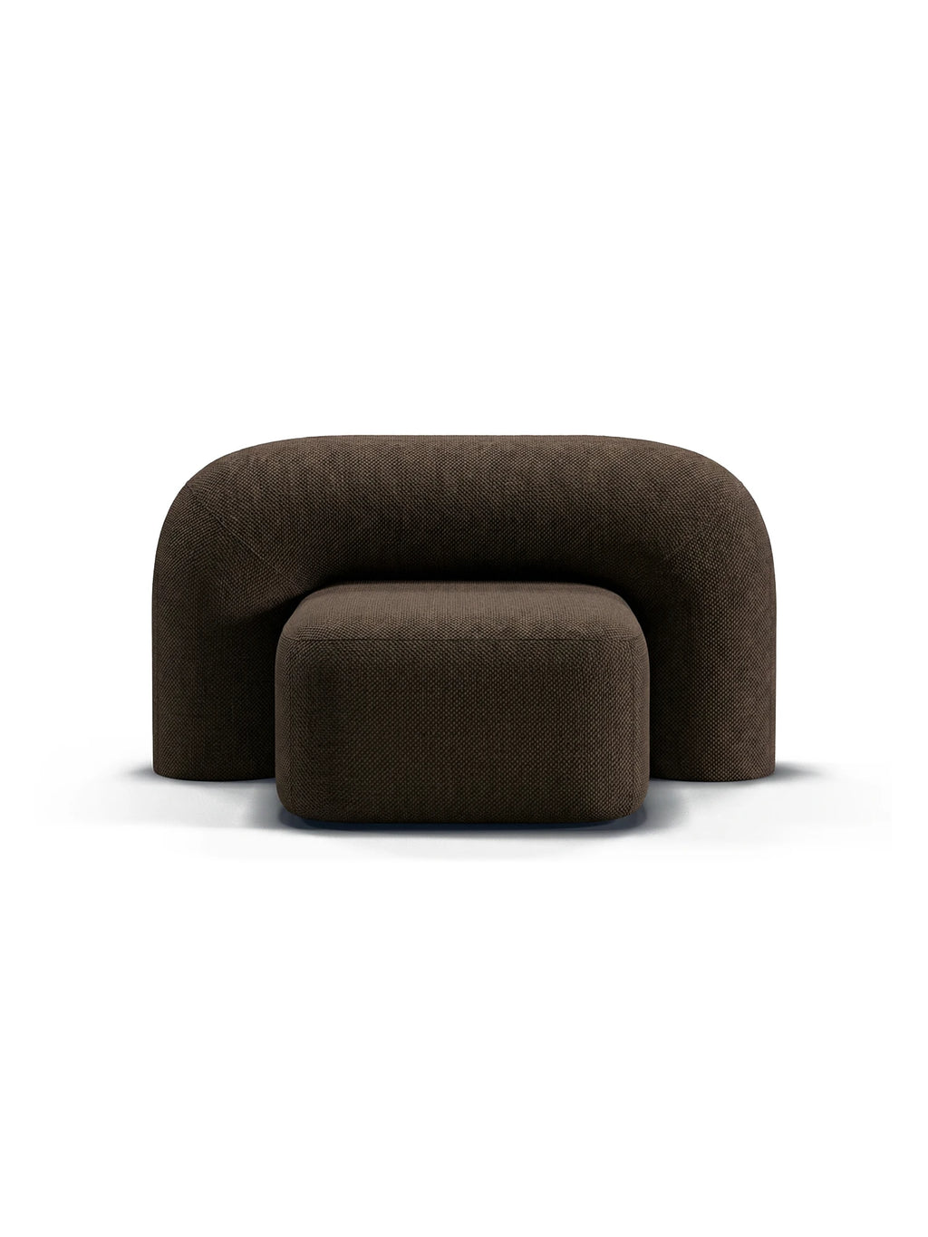 ARTU Moss Lounge Chair, a dark brown organic modern lounge chair featuring a sculptural, curved silhouette upholstered in a rich, textured woven fabric. Its plush, inviting design includes a U-shaped backrest and a separate rectangular seat cushion, embodying a contemporary minimalist aesthetic. Perfect as an accent chair for a cozy living room, bedroom, or modern reading nook.