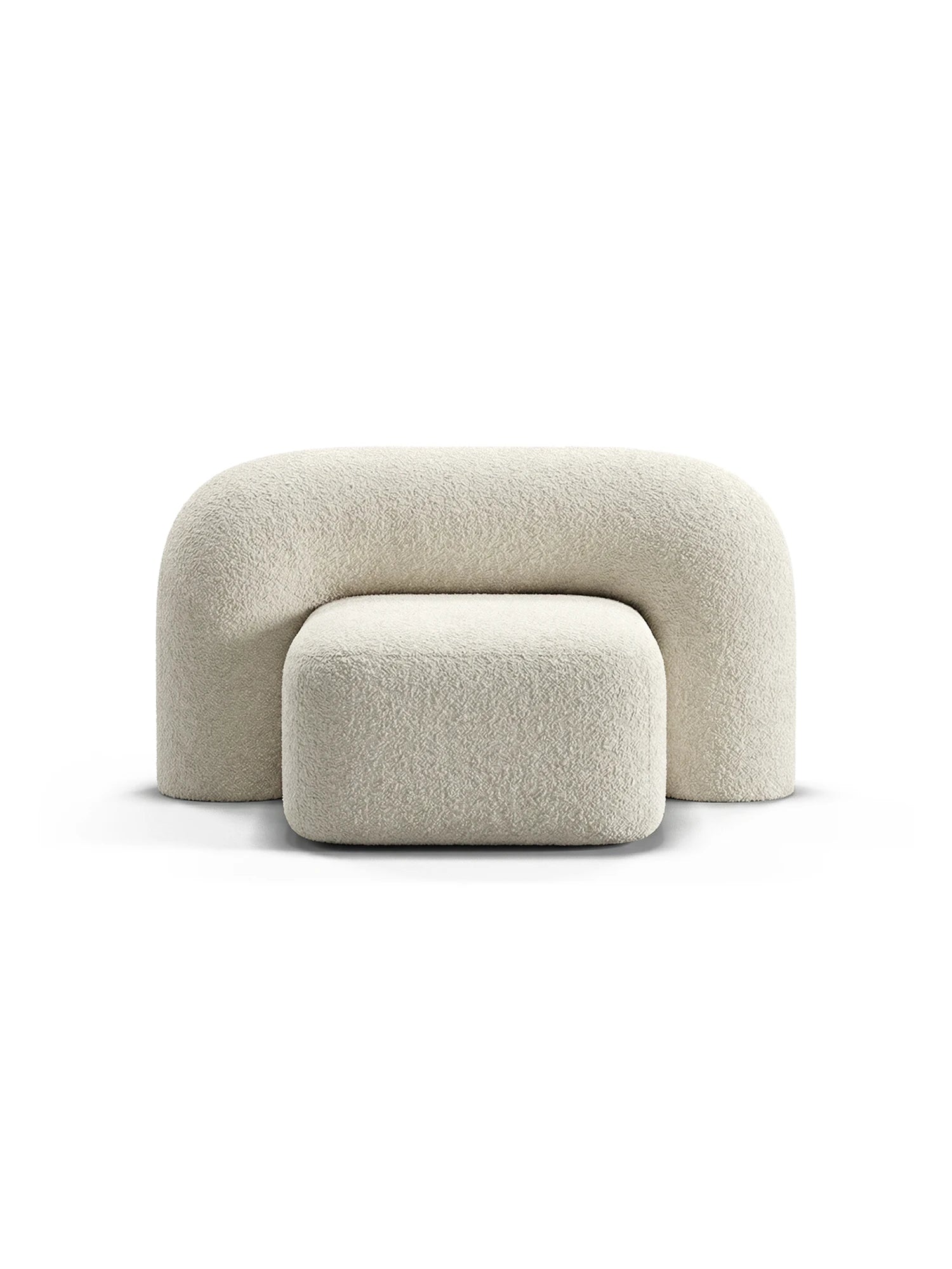 ARTU Moss Lounge Chair, a striking organic modern lounge chair upholstered in a plush cream bouclé fabric, featuring a distinctive U-shaped back and arms that curve around a separate, fitted rectangular ottoman. This sculptural and cozy seating piece, with its rounded silhouette and textured bouclé upholstery, is perfect for contemporary living rooms, minimalist bedrooms, or stylish reading nooks.