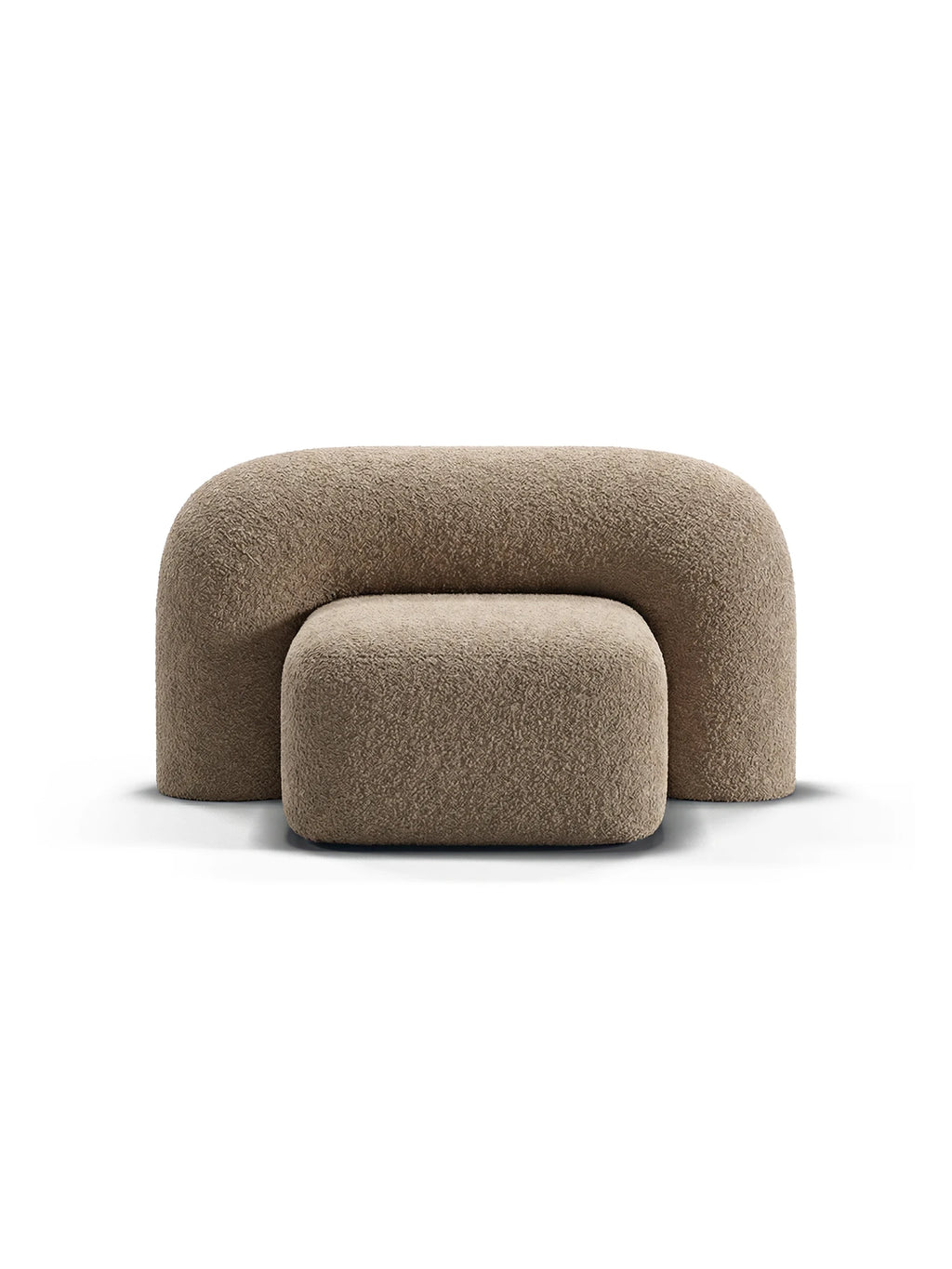 ARTU Moss Lounge Chair, an organic modern lounge chair upholstered in a plush taupe bouclé fabric, featuring a distinctive U-shaped backrest and a separate, rounded rectangular seat. Its sculptural, curved silhouette and cozy texture make it a perfect accent for contemporary living rooms or minimalist bedrooms.