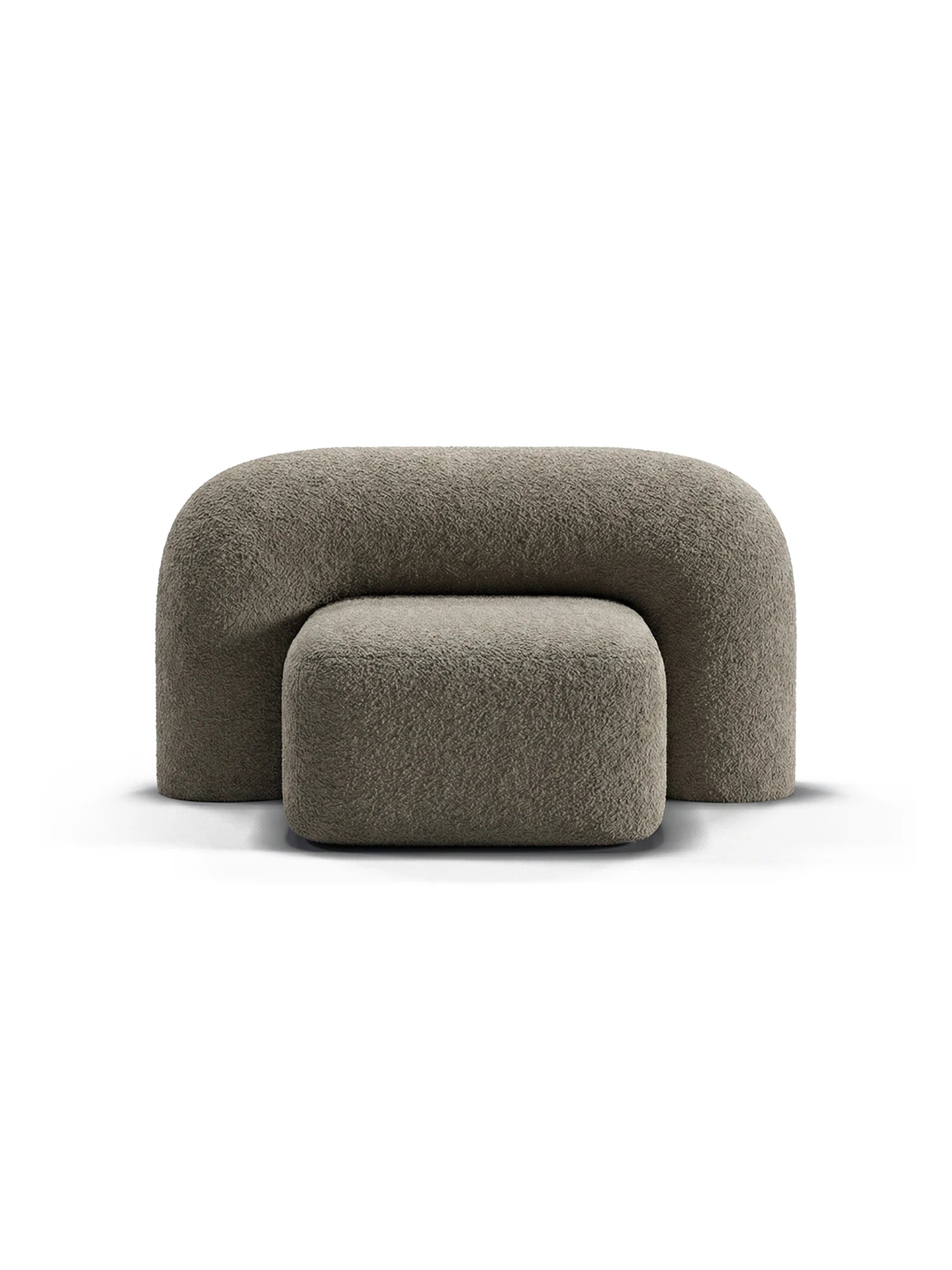 ARTU Moss Lounge Chair, a contemporary organic modern lounge chair upholstered in a plush moss green bouclé fabric with a distinctive chunky, rounded, and sculptural silhouette. This cozy accent chair features a U-shaped backrest and a solid, integrated base, perfect for adding warmth to a modern living room or a stylish bedroom reading nook.