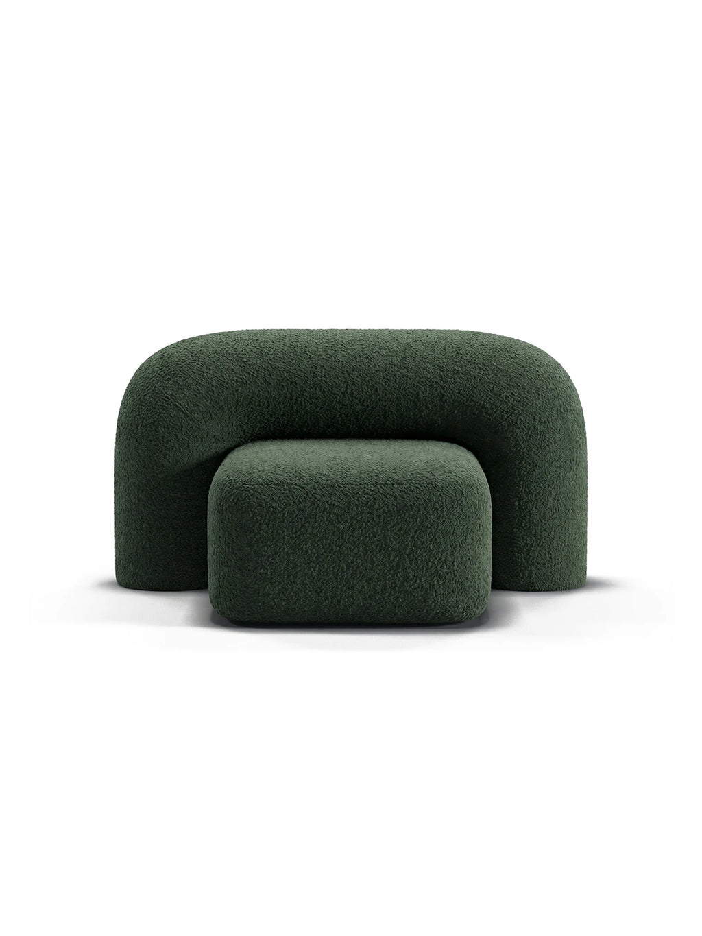 ARTU Moss Lounge Chair, a deep moss green bouclé lounge chair with plush, textured upholstery and a distinctive chunky, two-piece sculptural design featuring rounded, organic curves. This contemporary armchair offers cozy seating and is ideal for an organic modern living room, a minimalist bedroom accent, or a stylish reading nook.