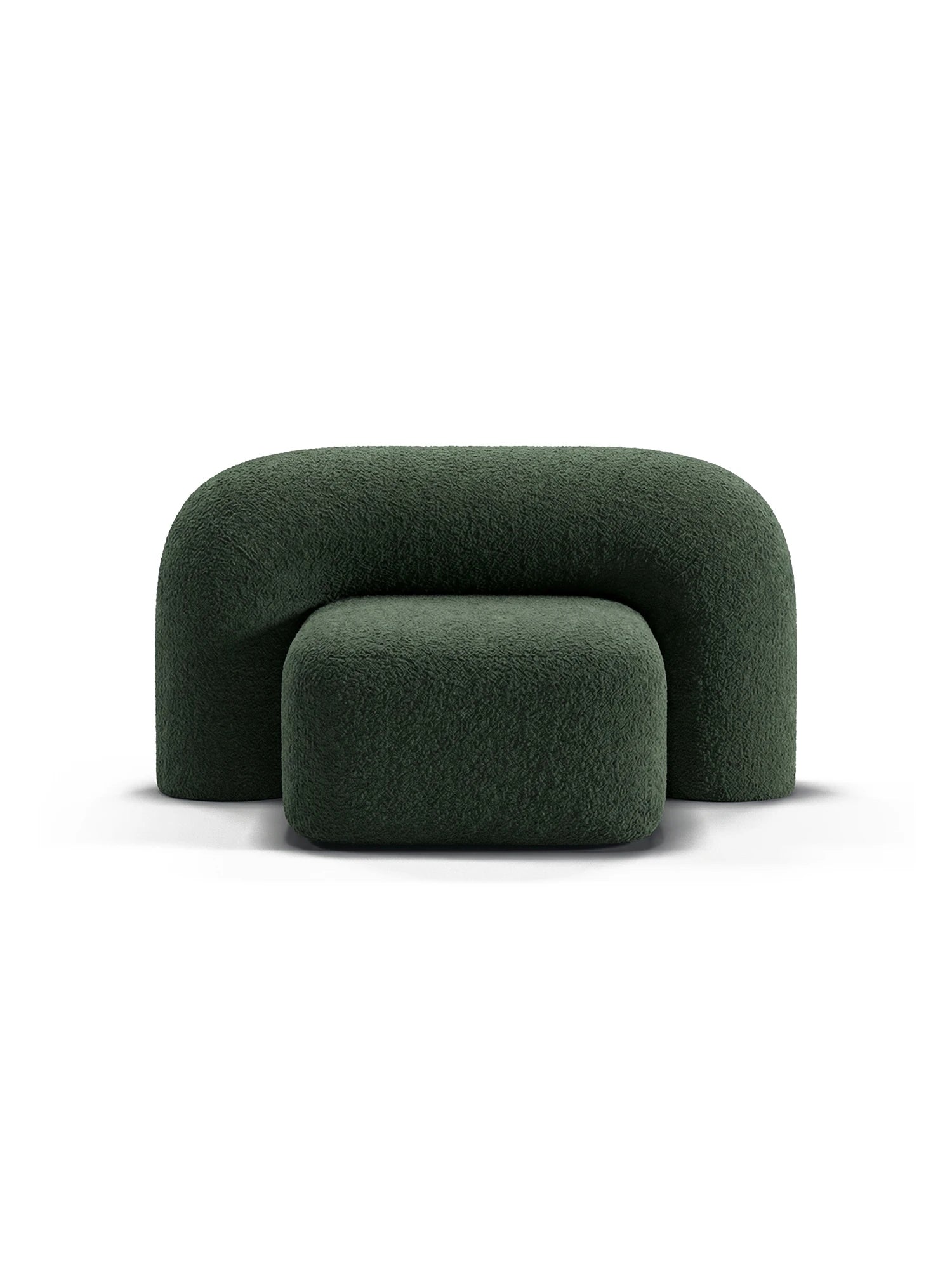 ARTU Moss Lounge Chair, a deep moss green bouclé lounge chair with plush, textured upholstery and a distinctive chunky, two-piece sculptural design featuring rounded, organic curves. This contemporary armchair offers cozy seating and is ideal for an organic modern living room, a minimalist bedroom accent, or a stylish reading nook.